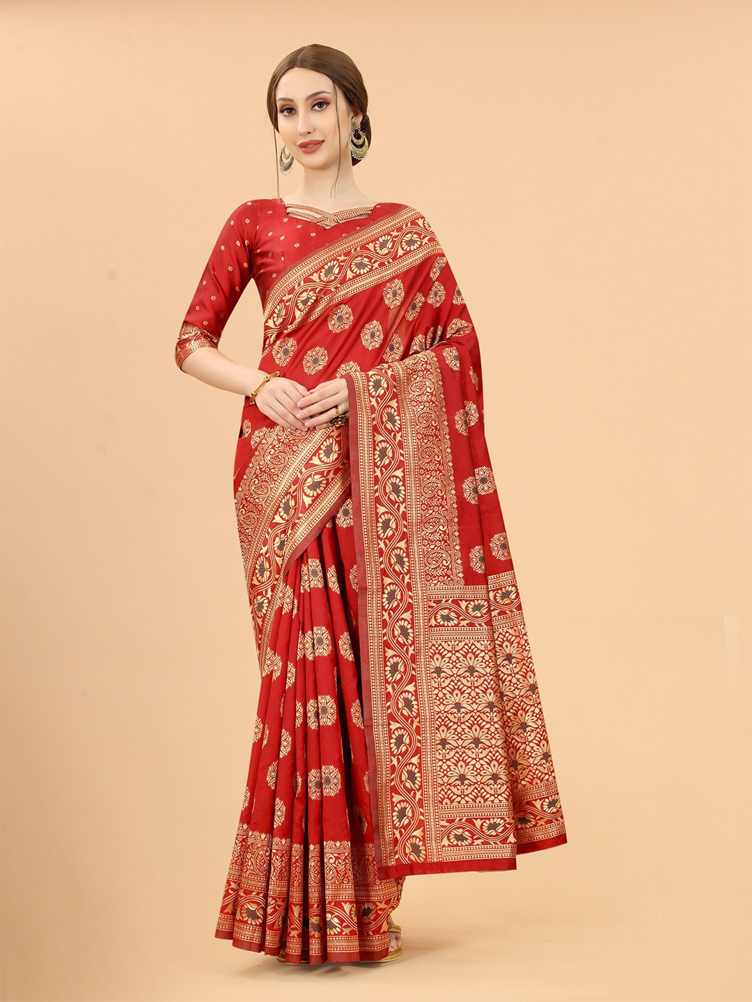 

SATYAM WEAVES Red & Gold-Toned Woven Design Zari Silk Cotton Banarasi Saree