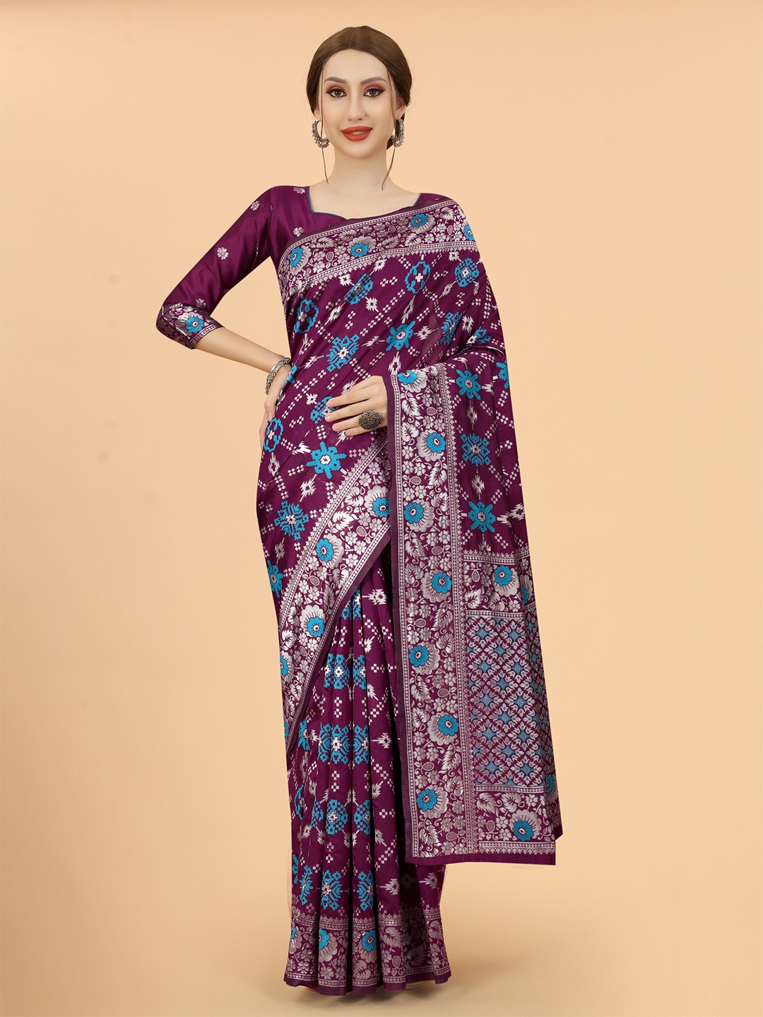 

SATYAM WEAVES Burgundy & Blue Ethnic Motifs Zari Silk Cotton Banarasi Saree