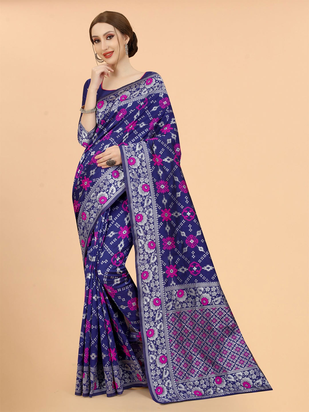 

SATYAM WEAVES Navy Blue & Pink Woven Design Zari Silk Cotton Ready to Wear Banarasi Saree