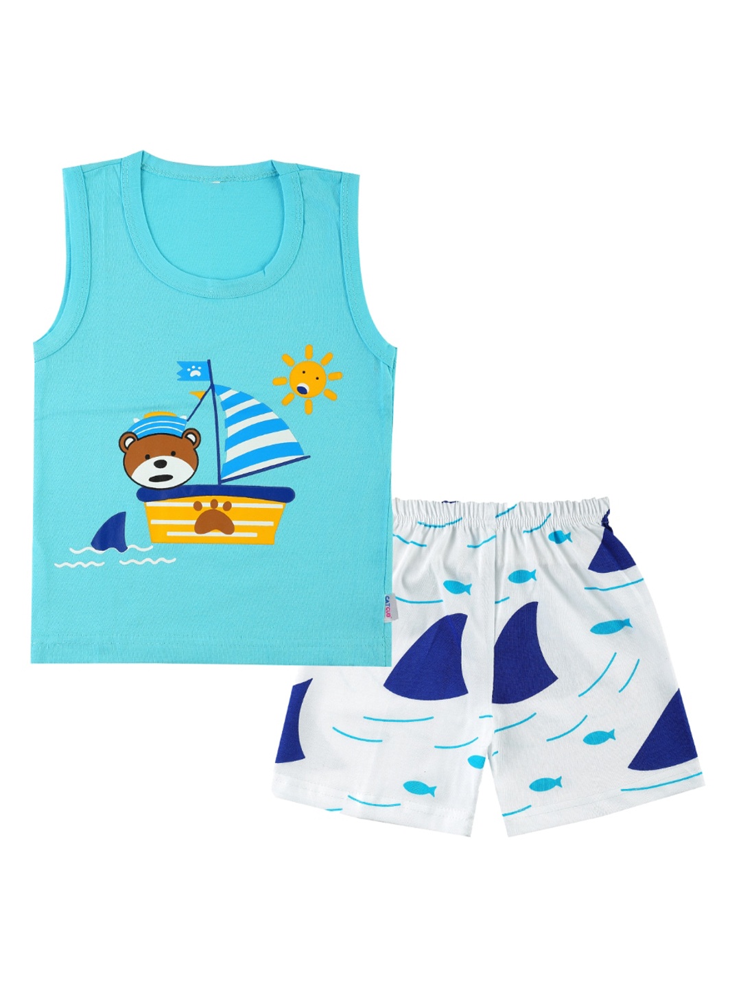 

CATCUB Unisex Kids Blue & White Printed T-shirt with Shorts