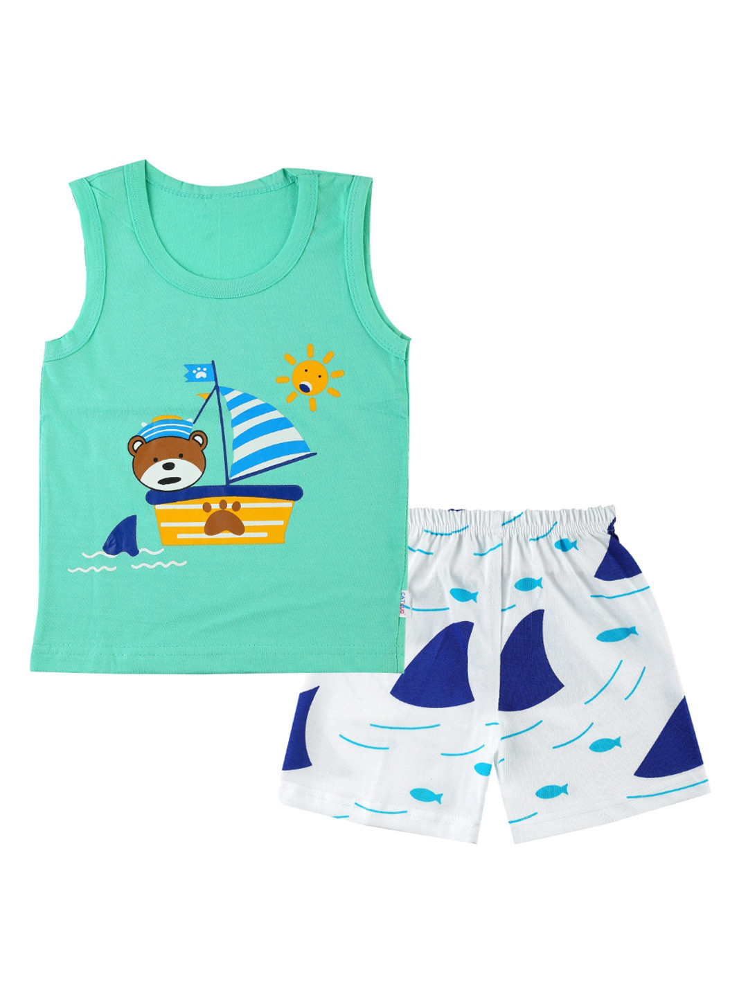 

CATCUB Unisex Kids Green & White Printed T-shirt with Shorts