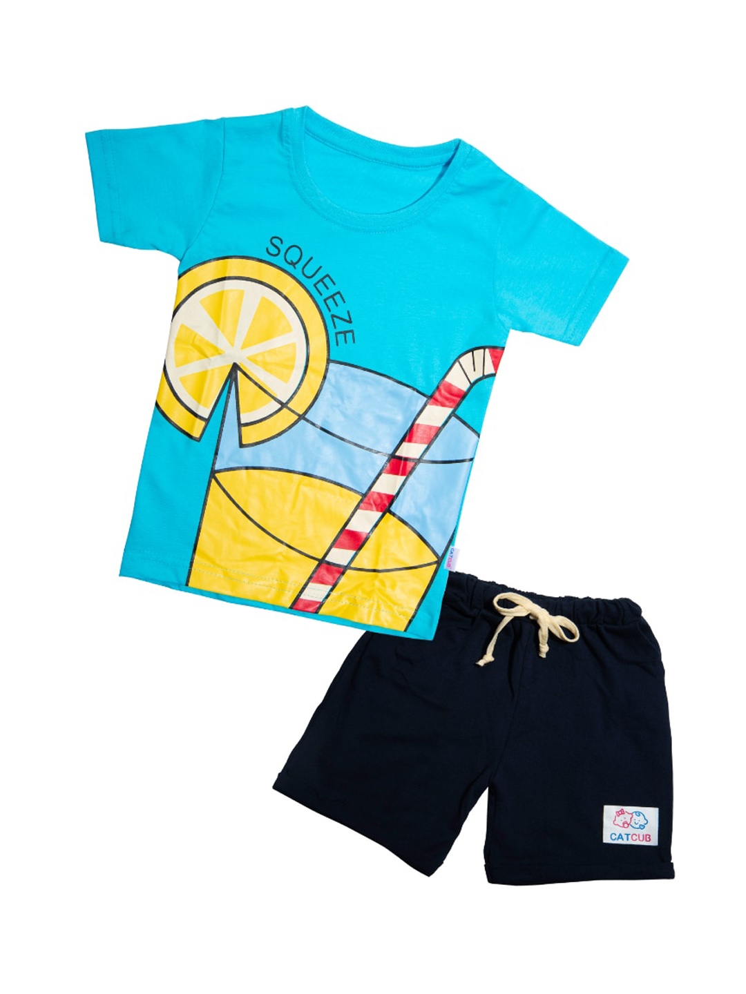 

CATCUB Unisex Kids Blue & Navy Blue Printed Pure Cotton T-shirt with Shorts