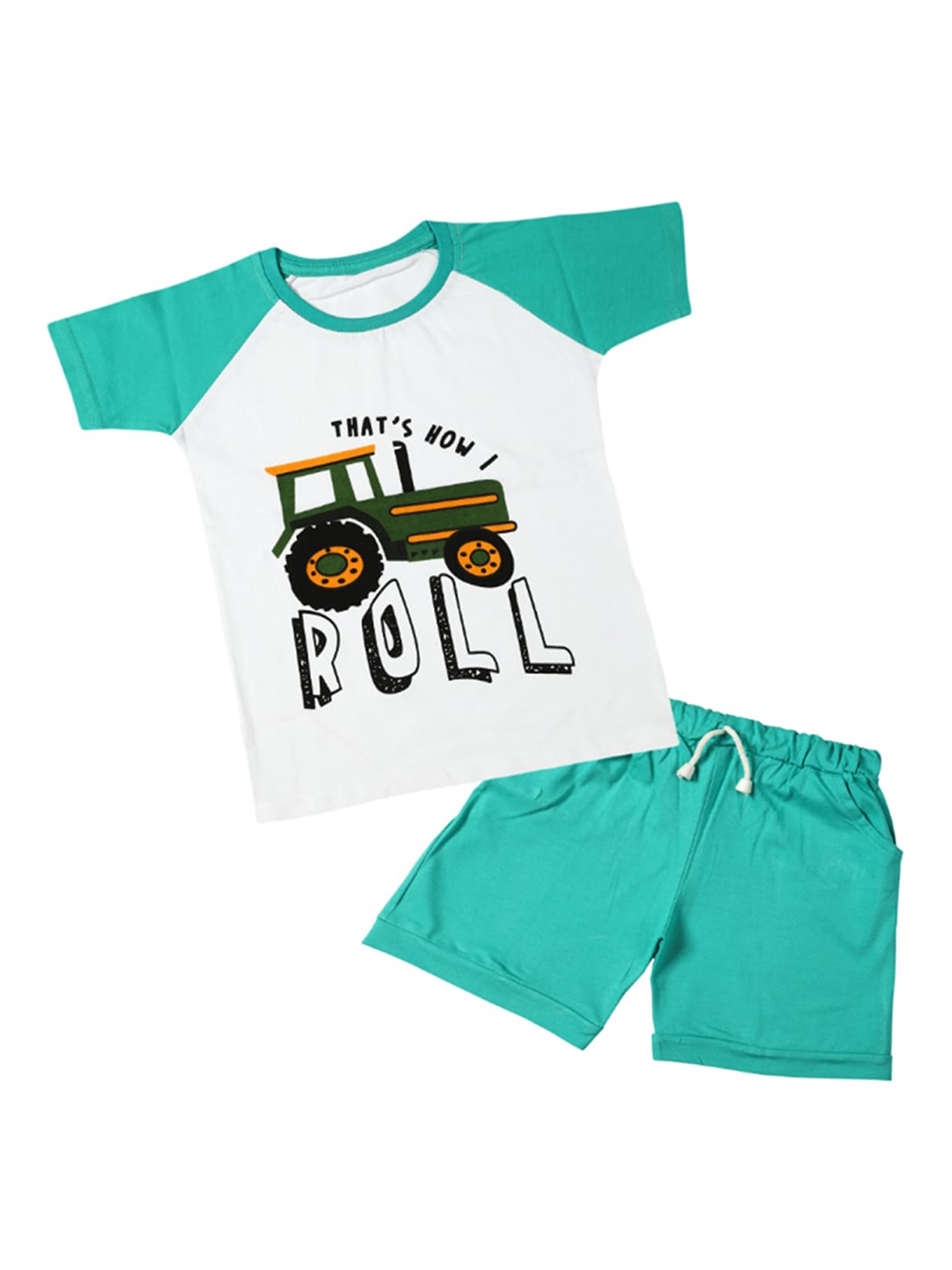 

CATCUB Unisex Kids Green & White Pure Cotton Printed T-shirt with Short