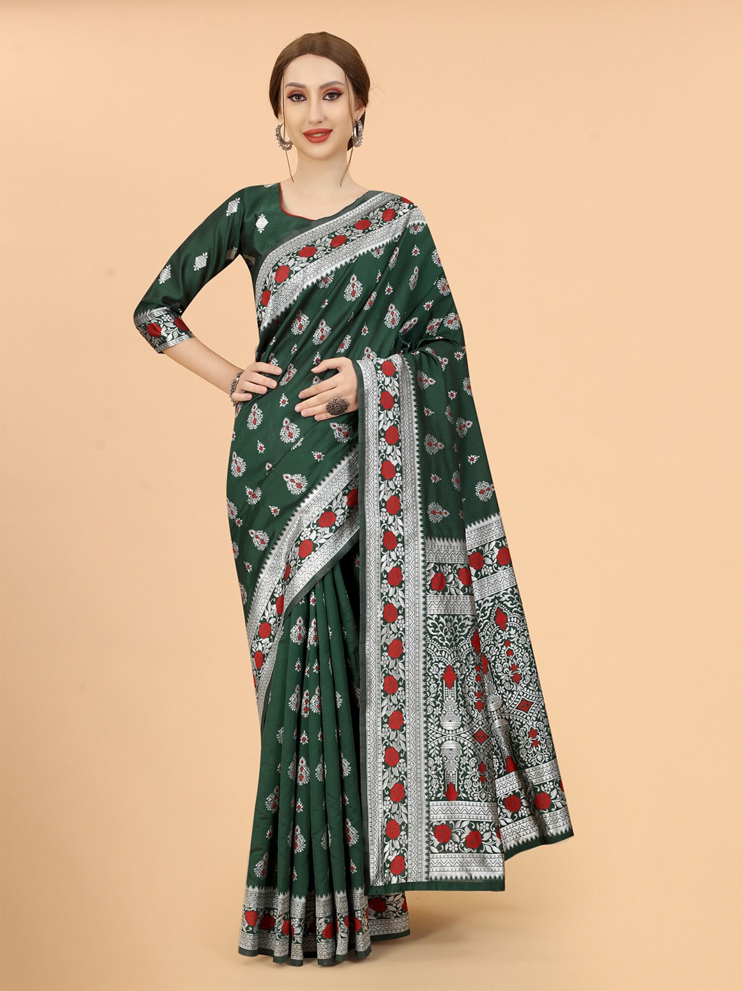 

SATYAM WEAVES Green & Red Woven Design Zari Silk Cottonar Banarasi Saree