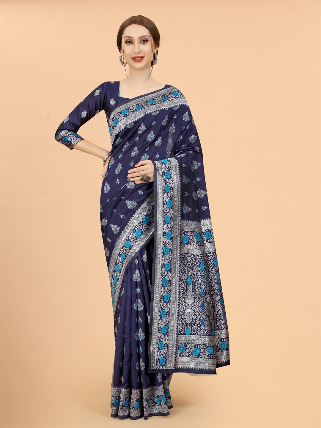 

SATYAM WEAVES Navy Blue & Blue Woven Design Zari Silk Cotton Banarasi Saree