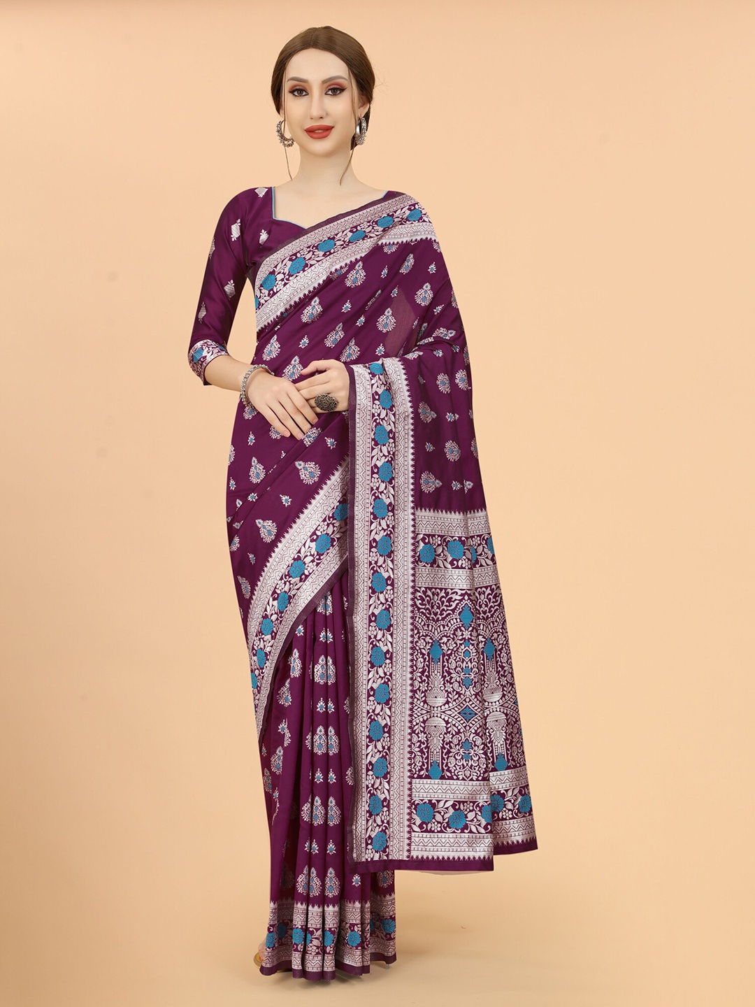 

SATYAM WEAVES Burgundy & Blue Woven Design Zari Silk Cotton Banarasi Saree