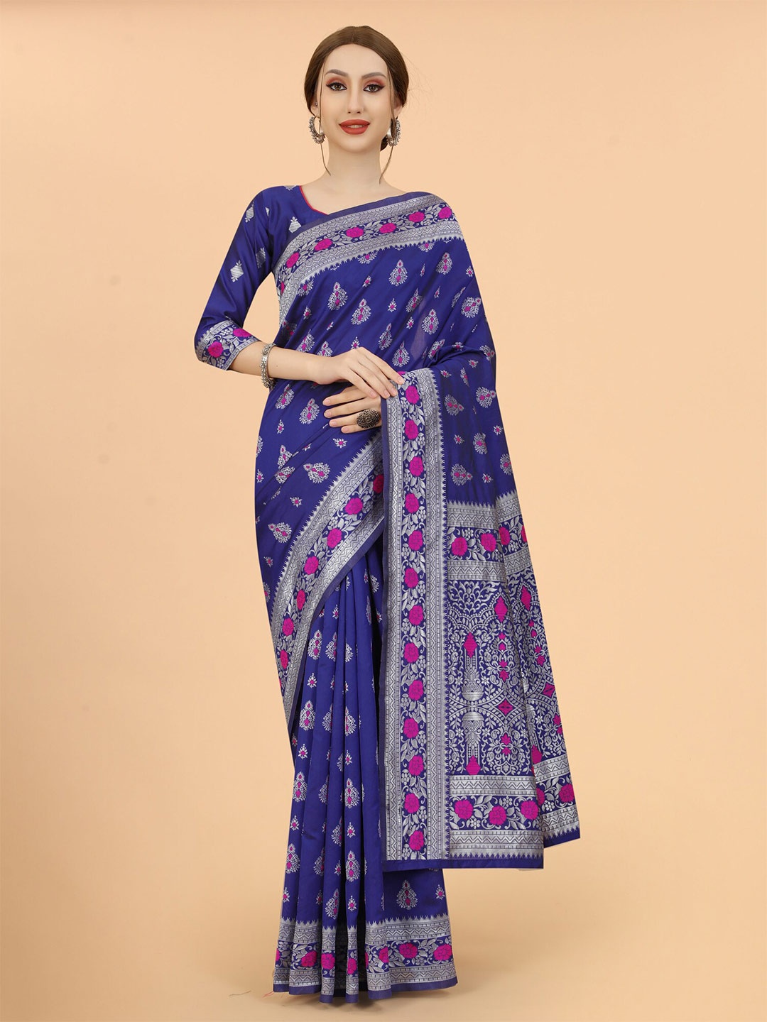 

SATYAM WEAVES Navy Blue & Red Woven Design Zari Silk Cotton Banarasi Saree