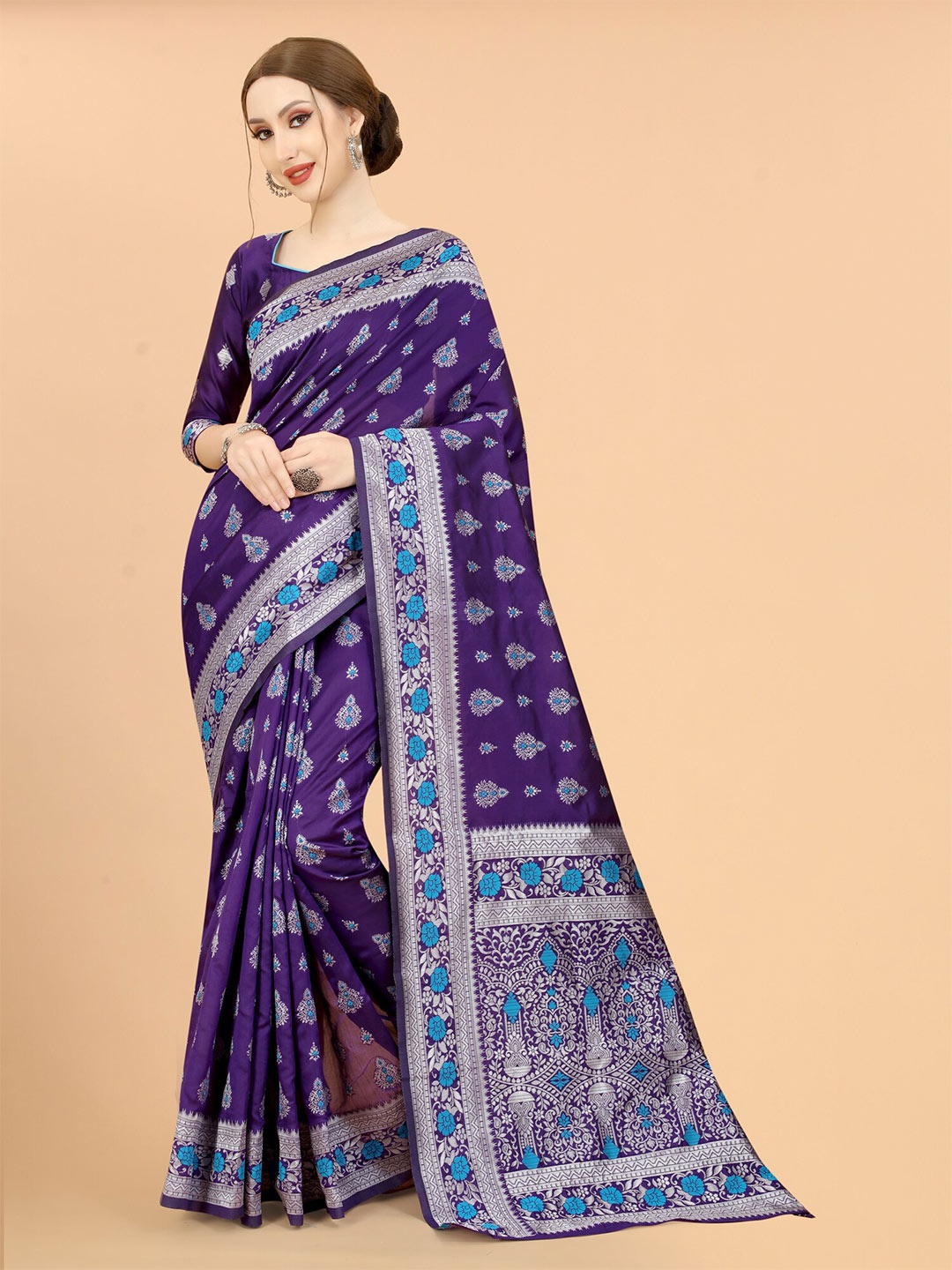 

SATYAM WEAVES Purple & Blue Woven Design Zari Silk Cotton Banarasi Saree