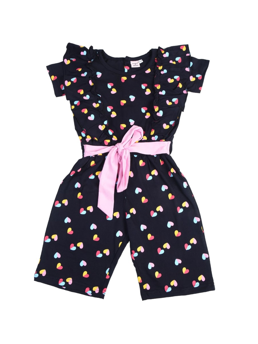 

POMY & JINNY Girls Navy Blue & Pink Printed Capri Jumpsuit