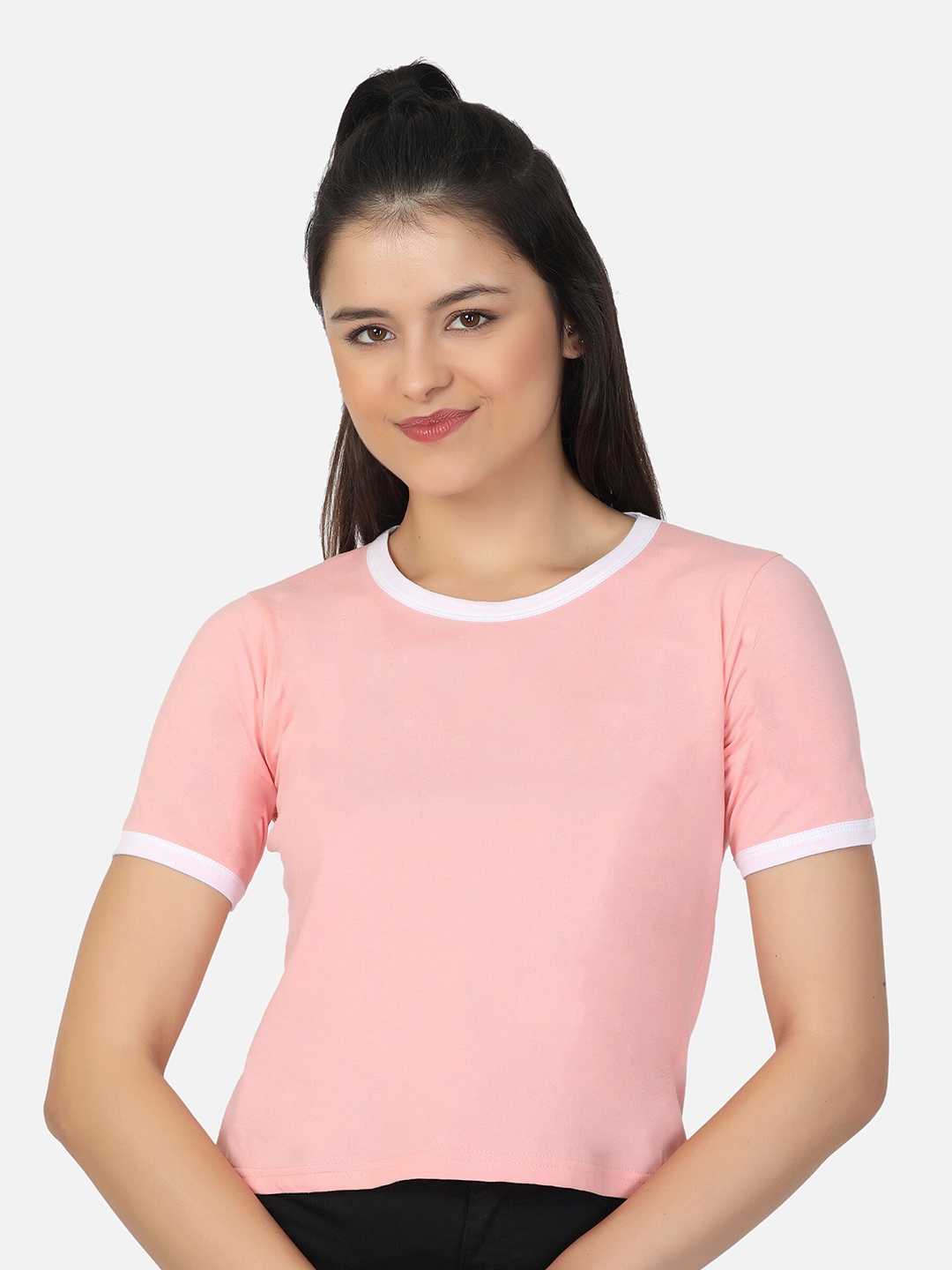 

VIVINKS Women's Round Neck Half Sleeve Pink Crop T-Shirt