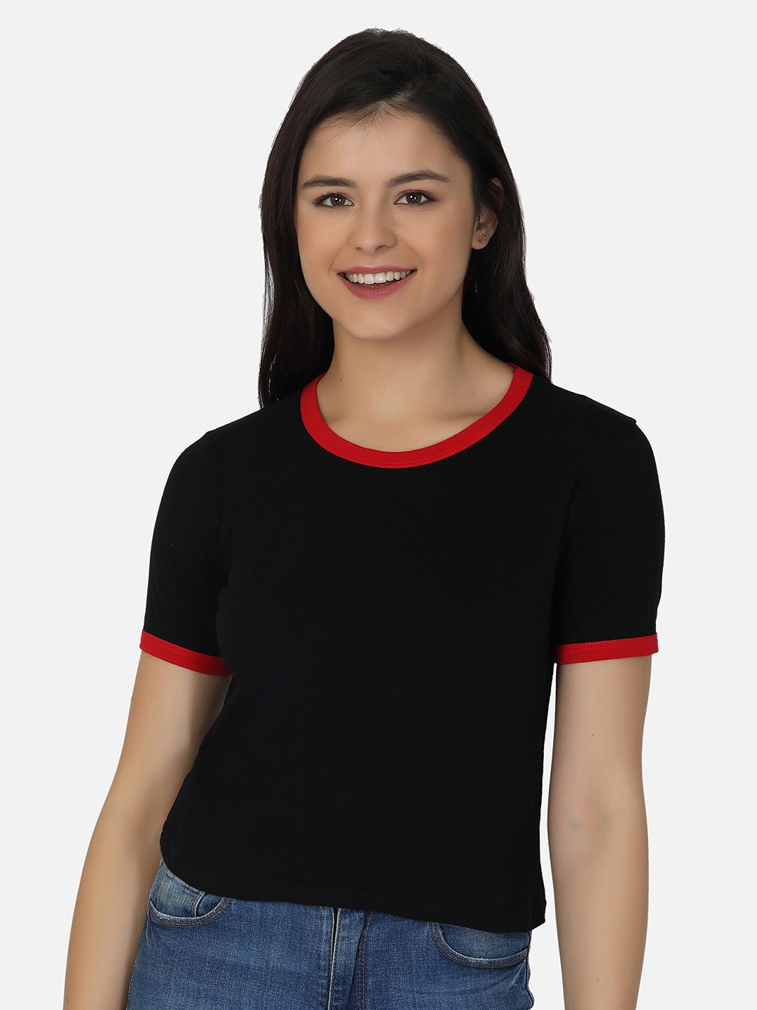 

VIVINKS Women Black Round Neck Crop T-shirt