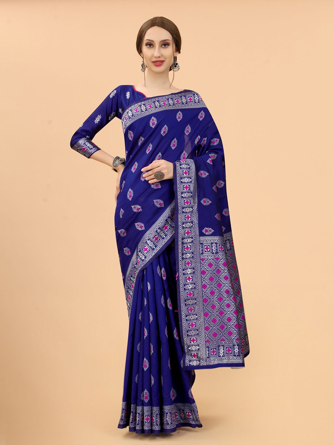 

SATYAM WEAVES Navy Blue & Pink Woven Design Zari Silk Cotton Banarasi Saree