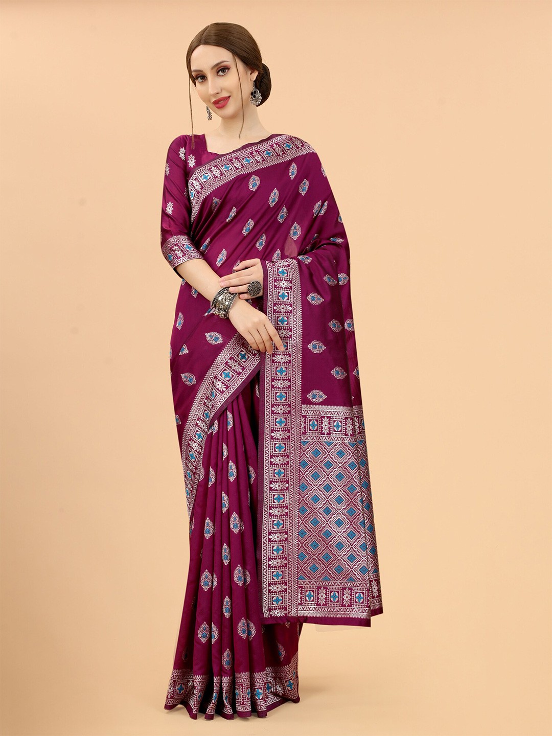 

SATYAM WEAVES Women Burgundy & Blue Woven Design Zari Silk Cotton Banarasi Saree