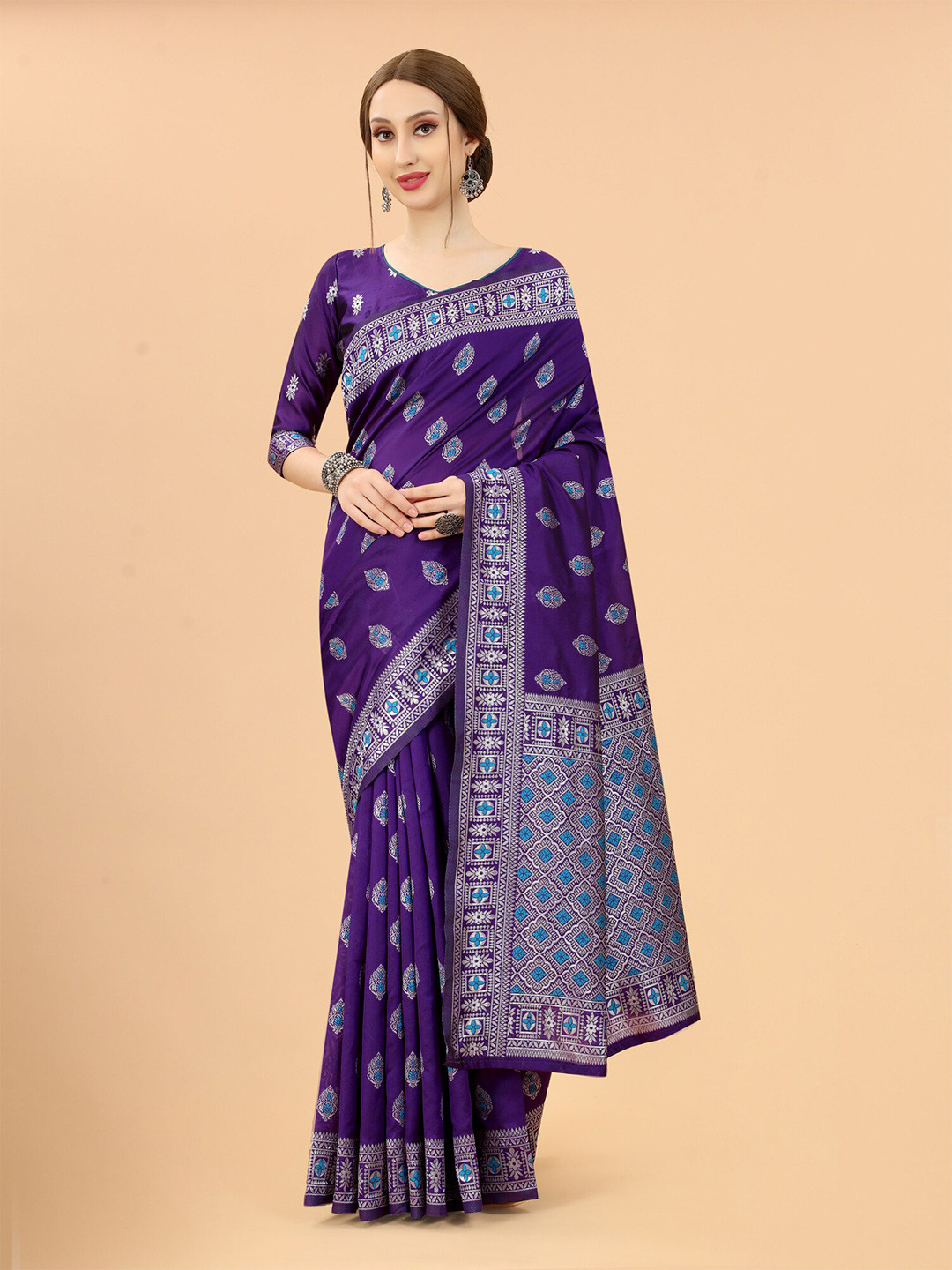 

SATYAM WEAVES Purple & Blue Woven Design Zari Silk Cotton Banarasi Saree
