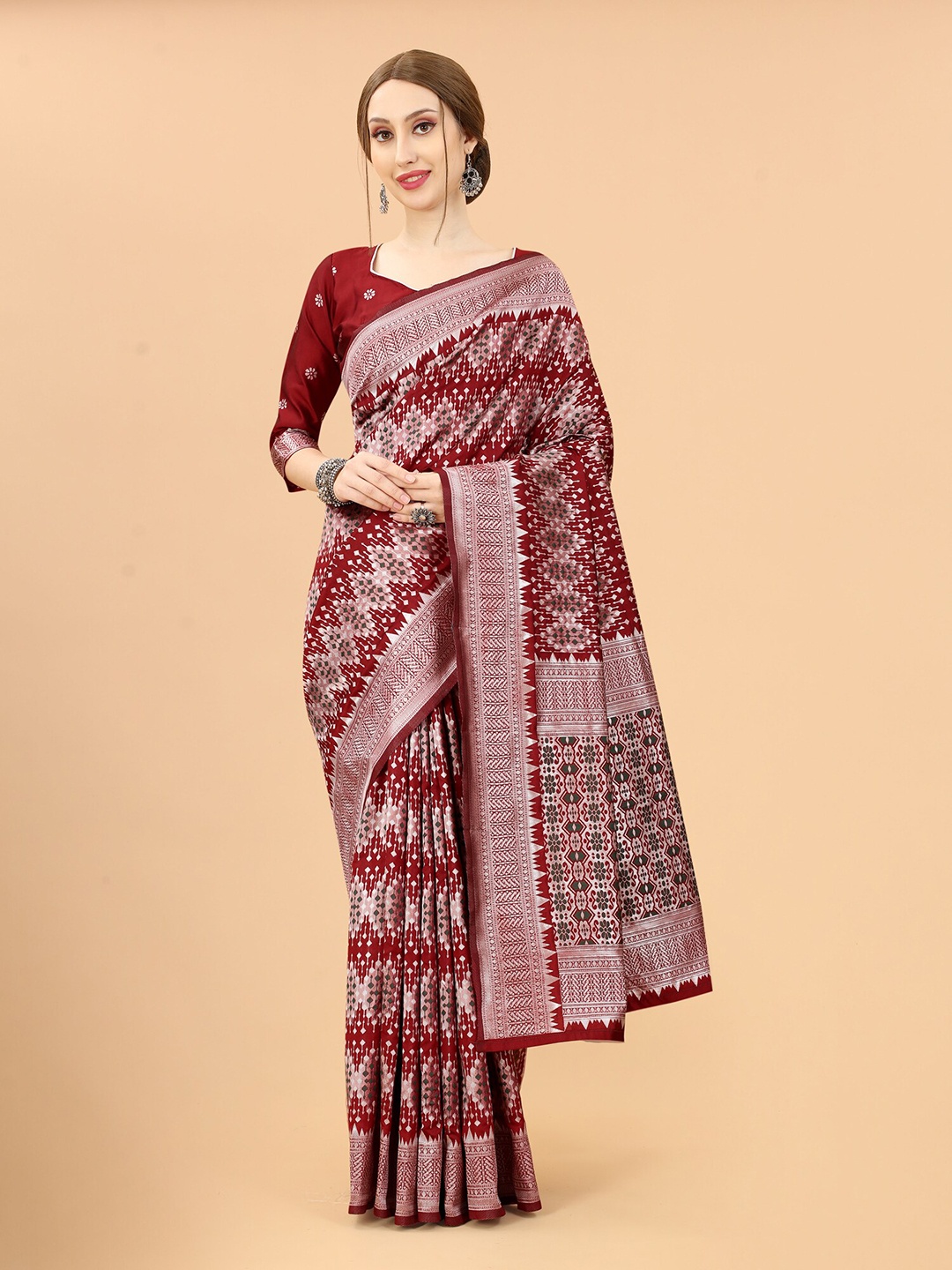 

SATYAM WEAVES Maroon & Grey Woven Design Zari Silk Cotton Banarasi Saree