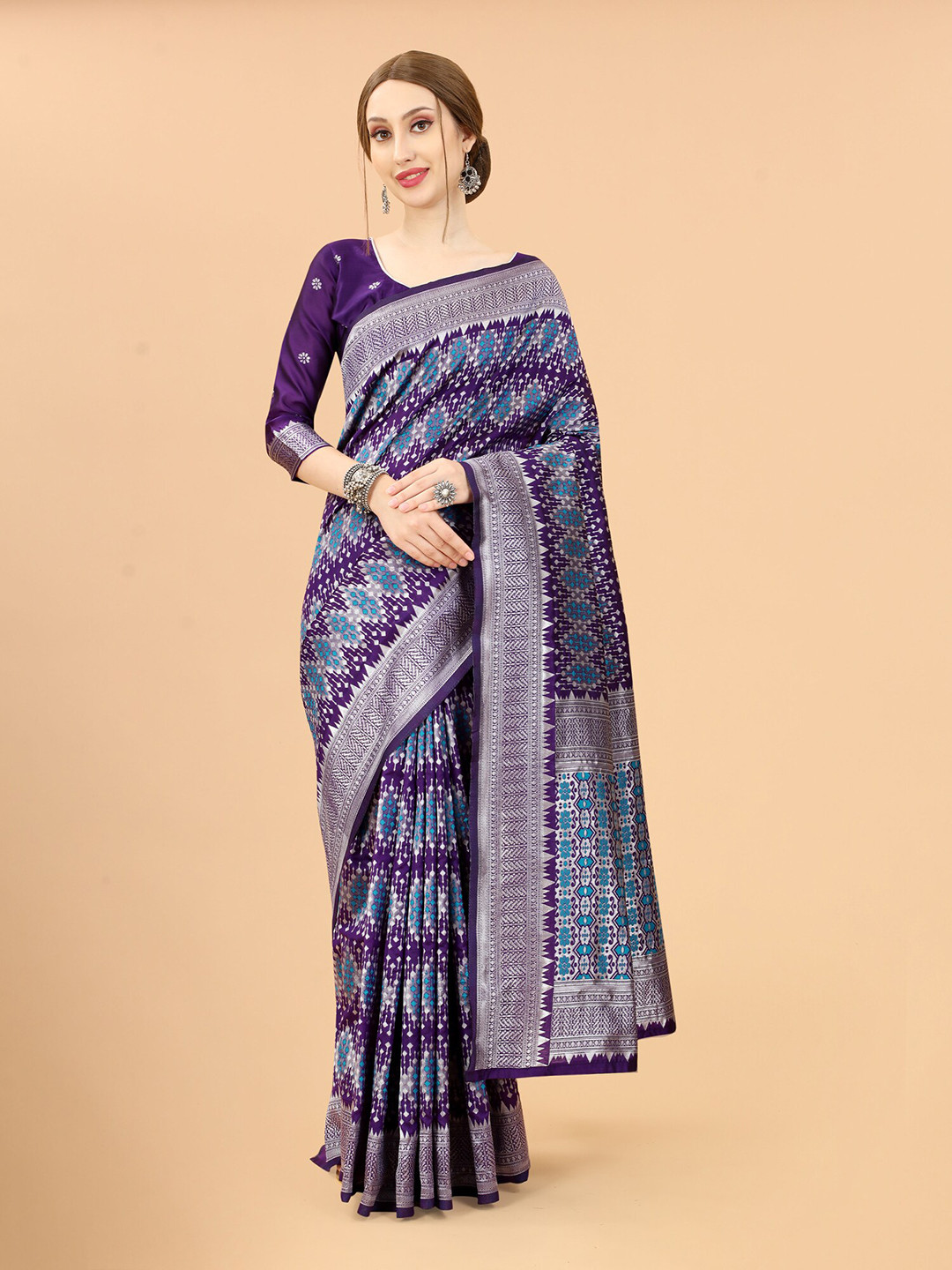 

SATYAM WEAVES Purple & Blue Zari Silk Cotton Banarasi Saree