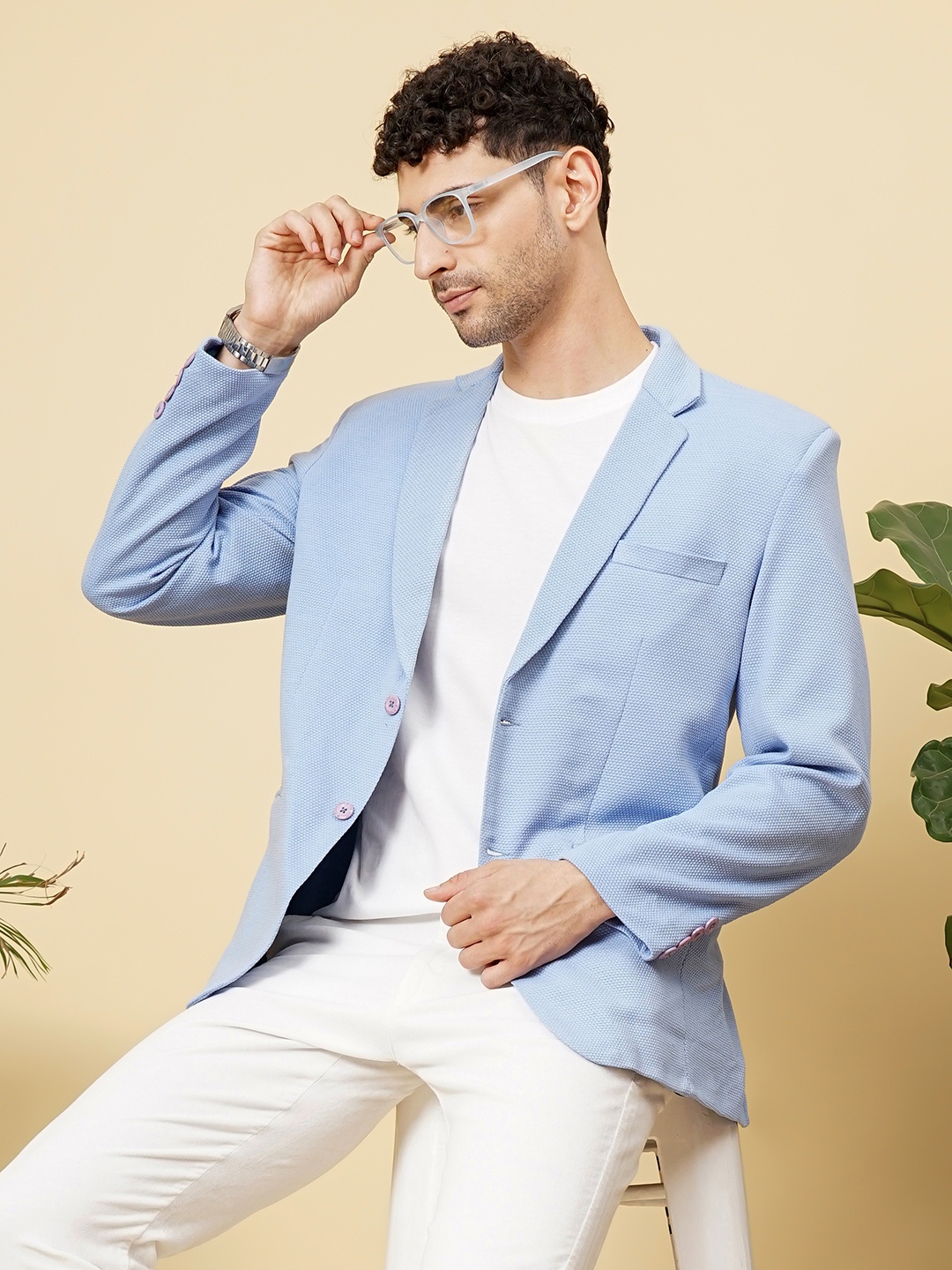 

The Indian Garage Co Men Self Design Slim Fit Single-Breasted Casual Blazer, Blue