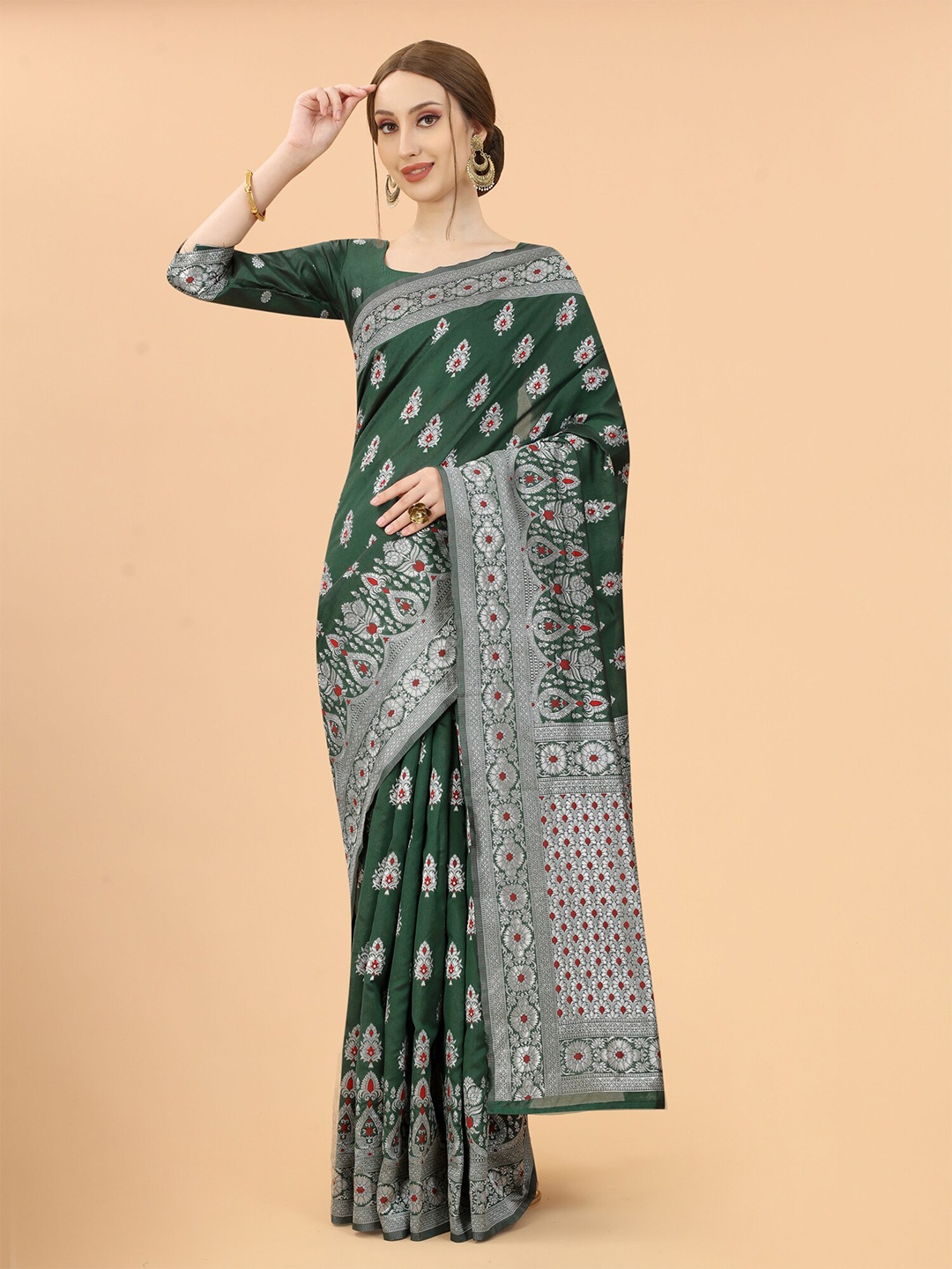 

SATYAM WEAVES Green & Red Woven Design Zari Silk Cotton Banarasi Saree