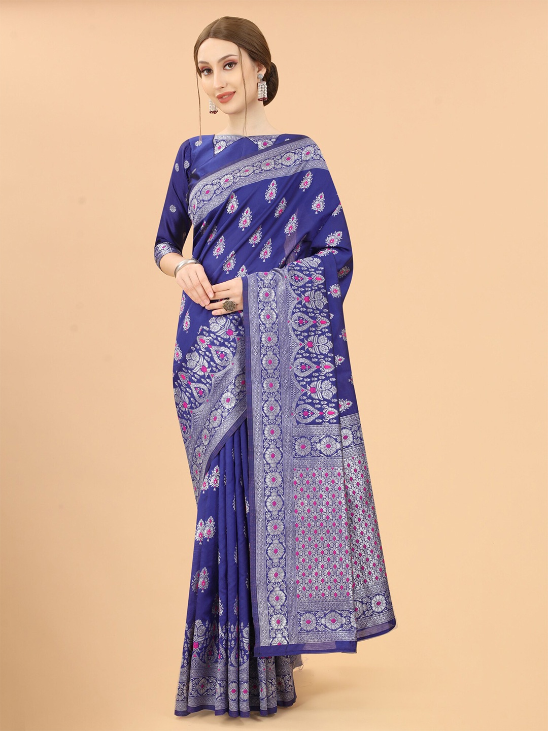 

SATYAM WEAVES Blue & Silver-Toned Woven Design Zari Silk Cotton Banarasi Saree