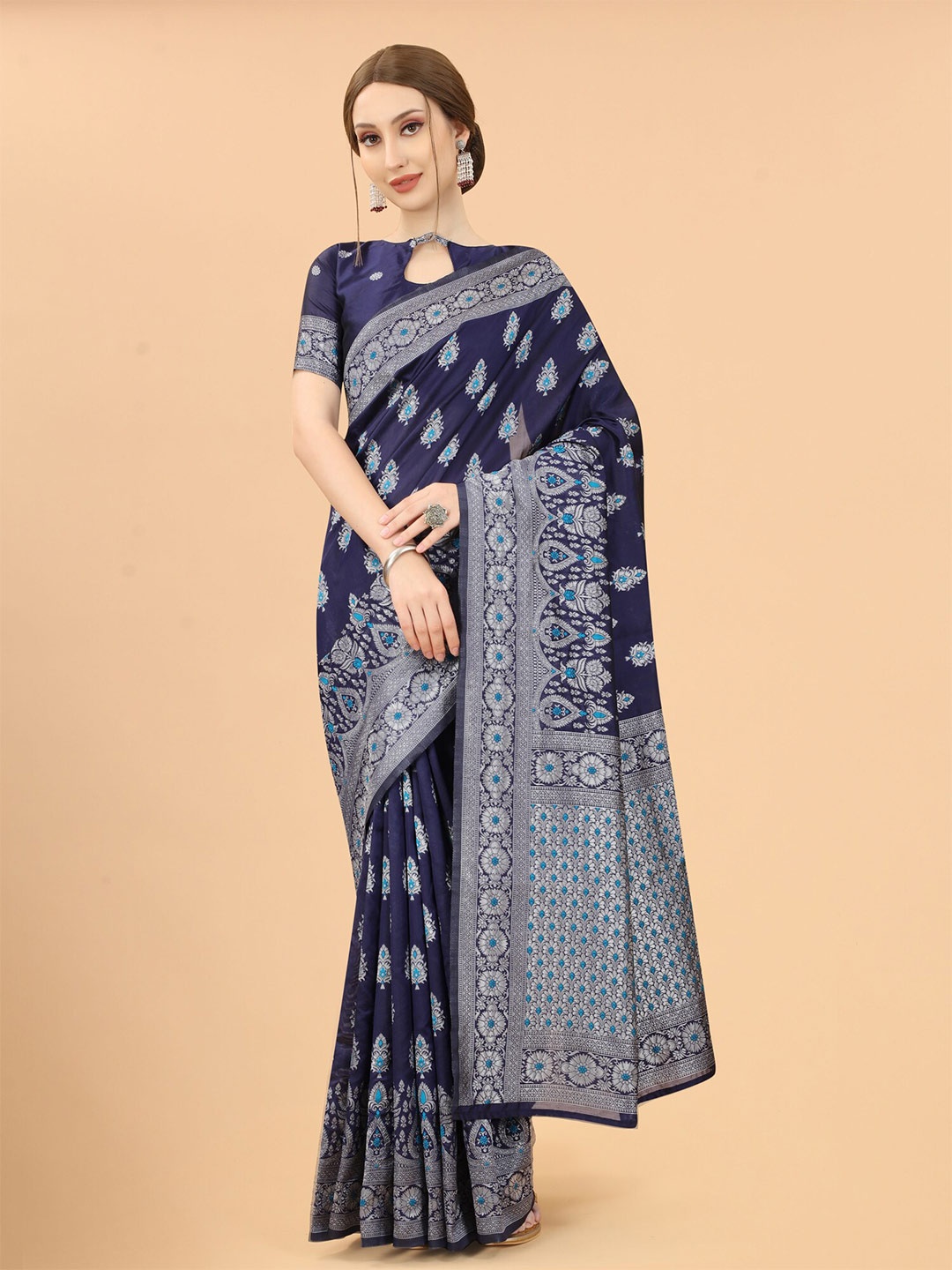 

SATYAM WEAVES Navy Blue & Blue Woven Design Zari Silk Cotton Banarasi Saree