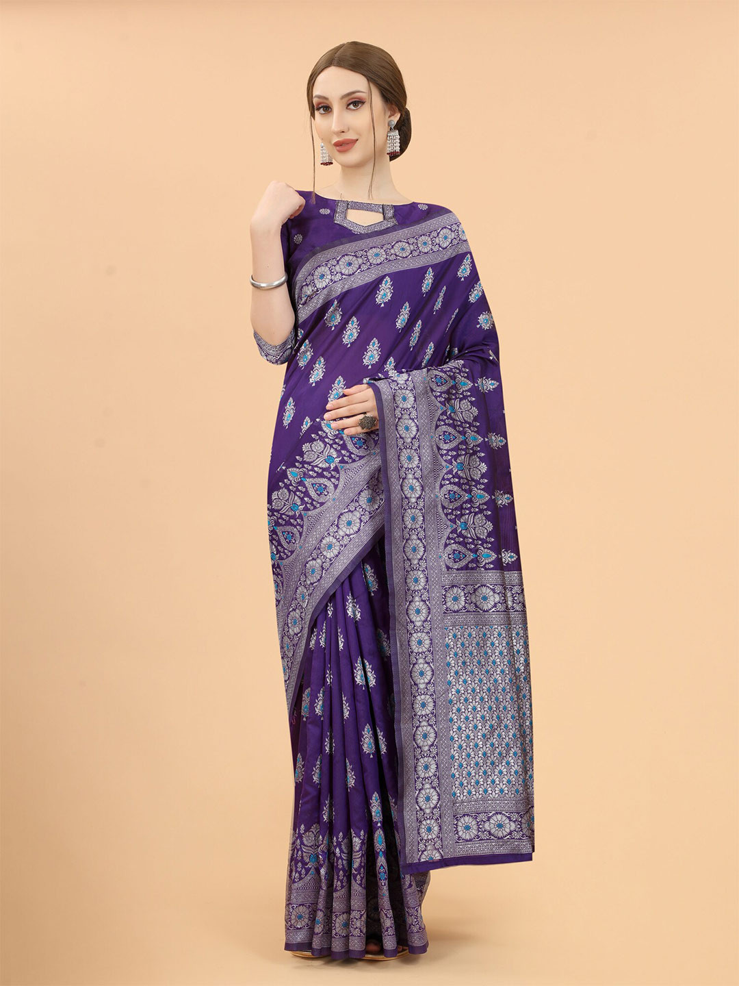 

SATYAM WEAVES Purple & Silver-Toned Woven Design Zari Silk Cotton Banarasi Saree
