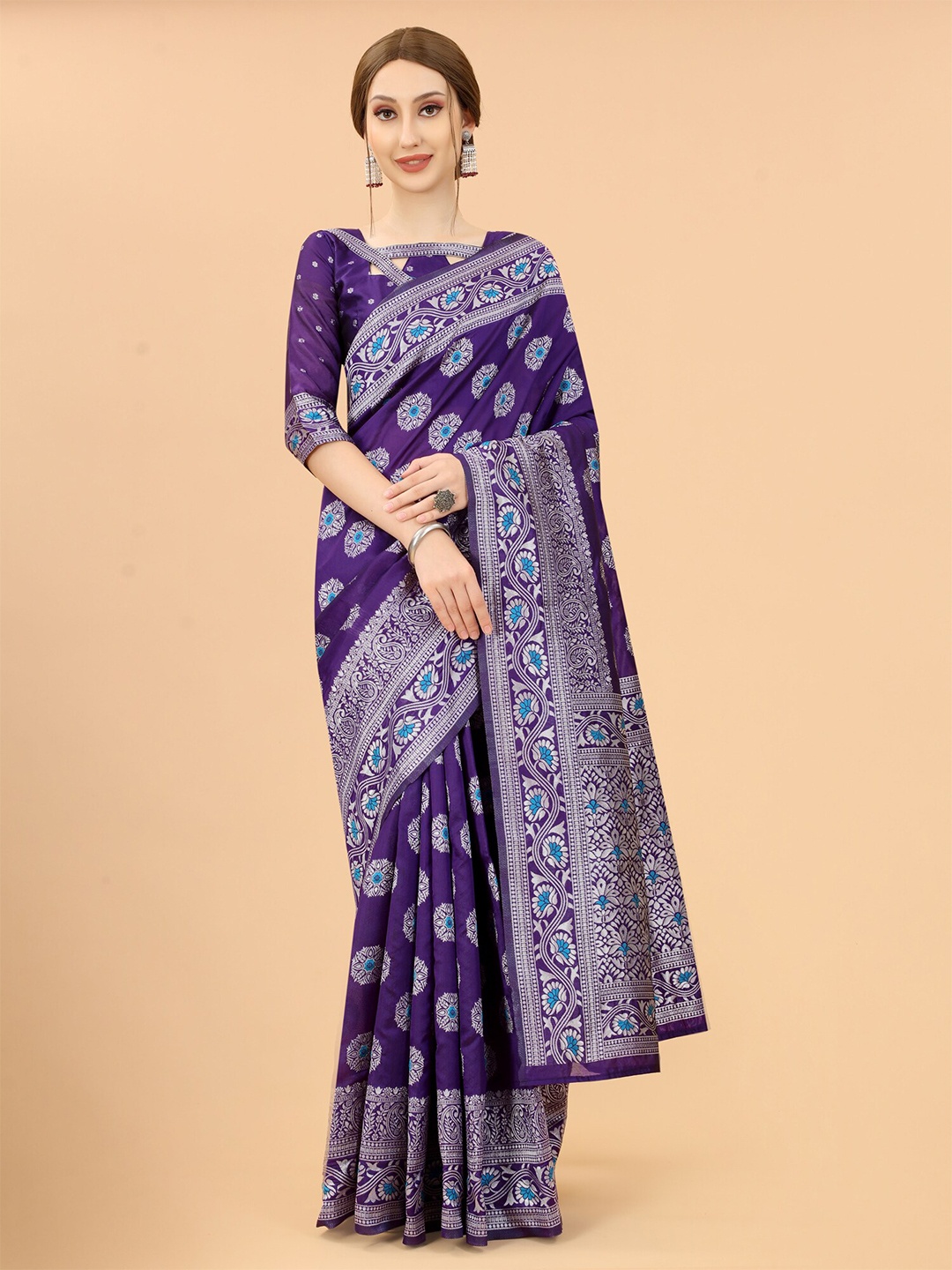 

SATYAM WEAVES Purple & Blue Woven Design Zari Silk Cotton Banarasi Saree