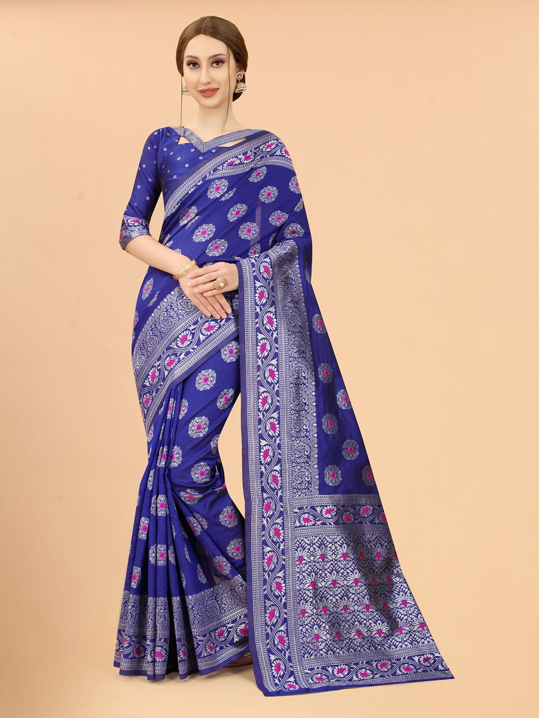 

SATYAM WEAVES Blue & Pink Woven Design Zari Silk Cotton Banarasi Saree