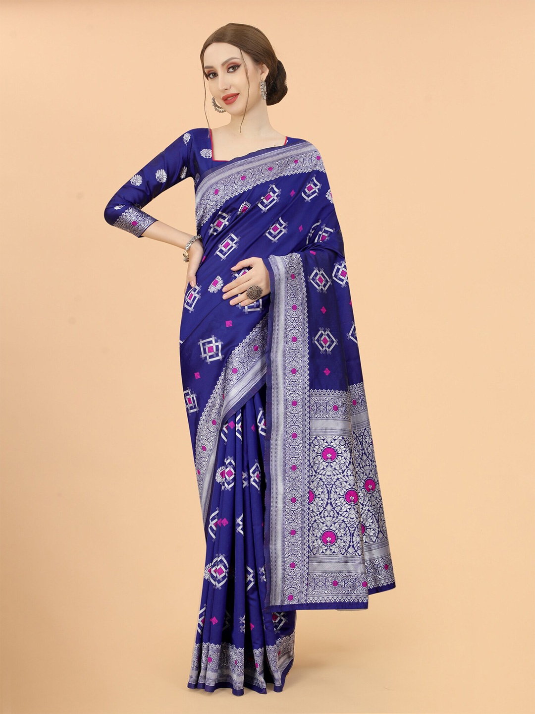 

SATYAM WEAVES Blue & Silver Woven Design Zari Silk Cotton Banarasi Saree