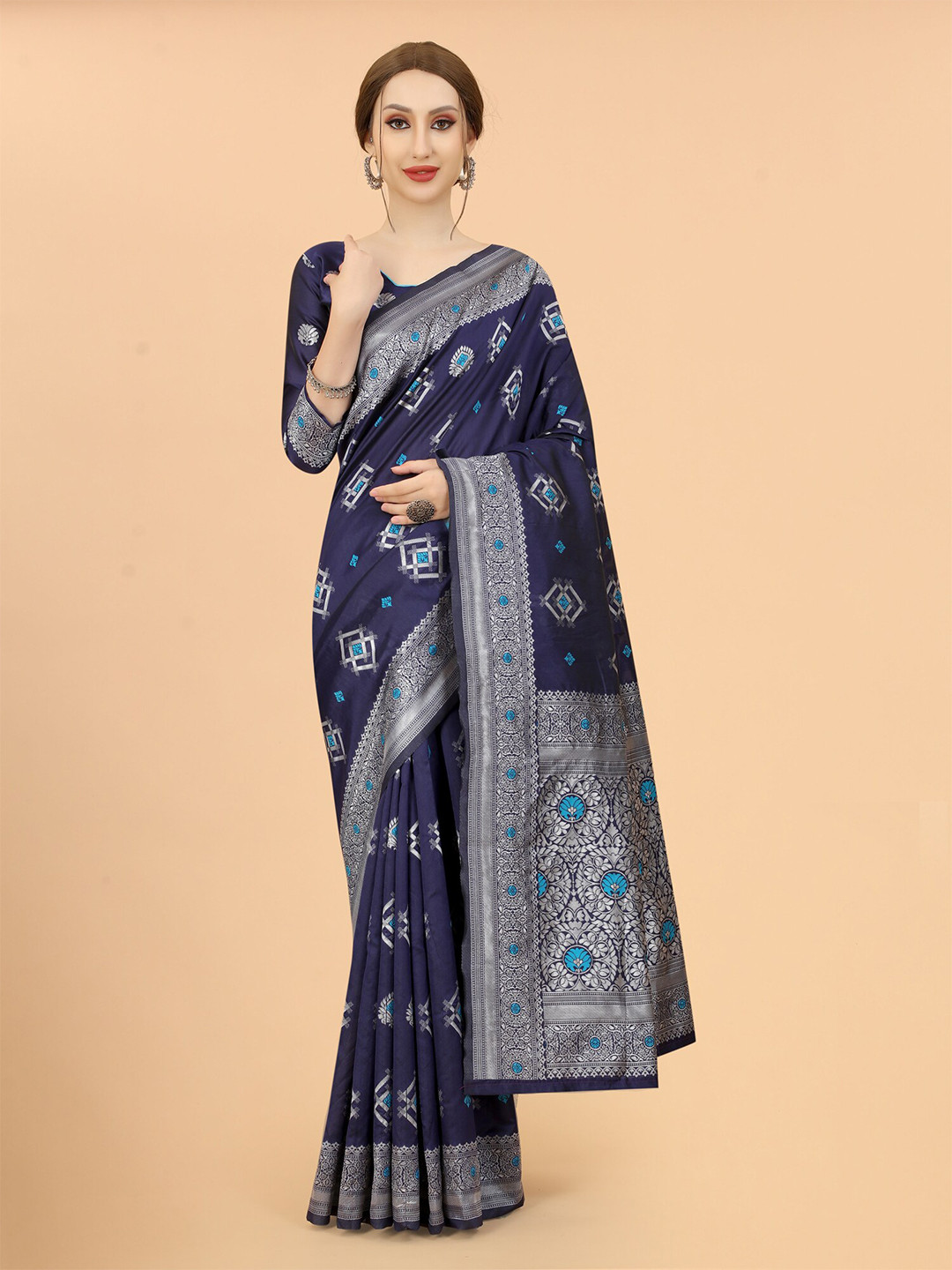 

SATYAM WEAVES Navy Blue & Blue Woven Design Zari Silk Cotton Banarasi Saree