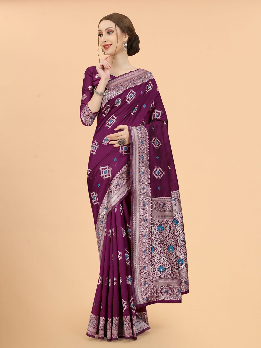 

SATYAM WEAVES Maroon & Blue Woven Design Zari Silk Cotton Banarasi Saree