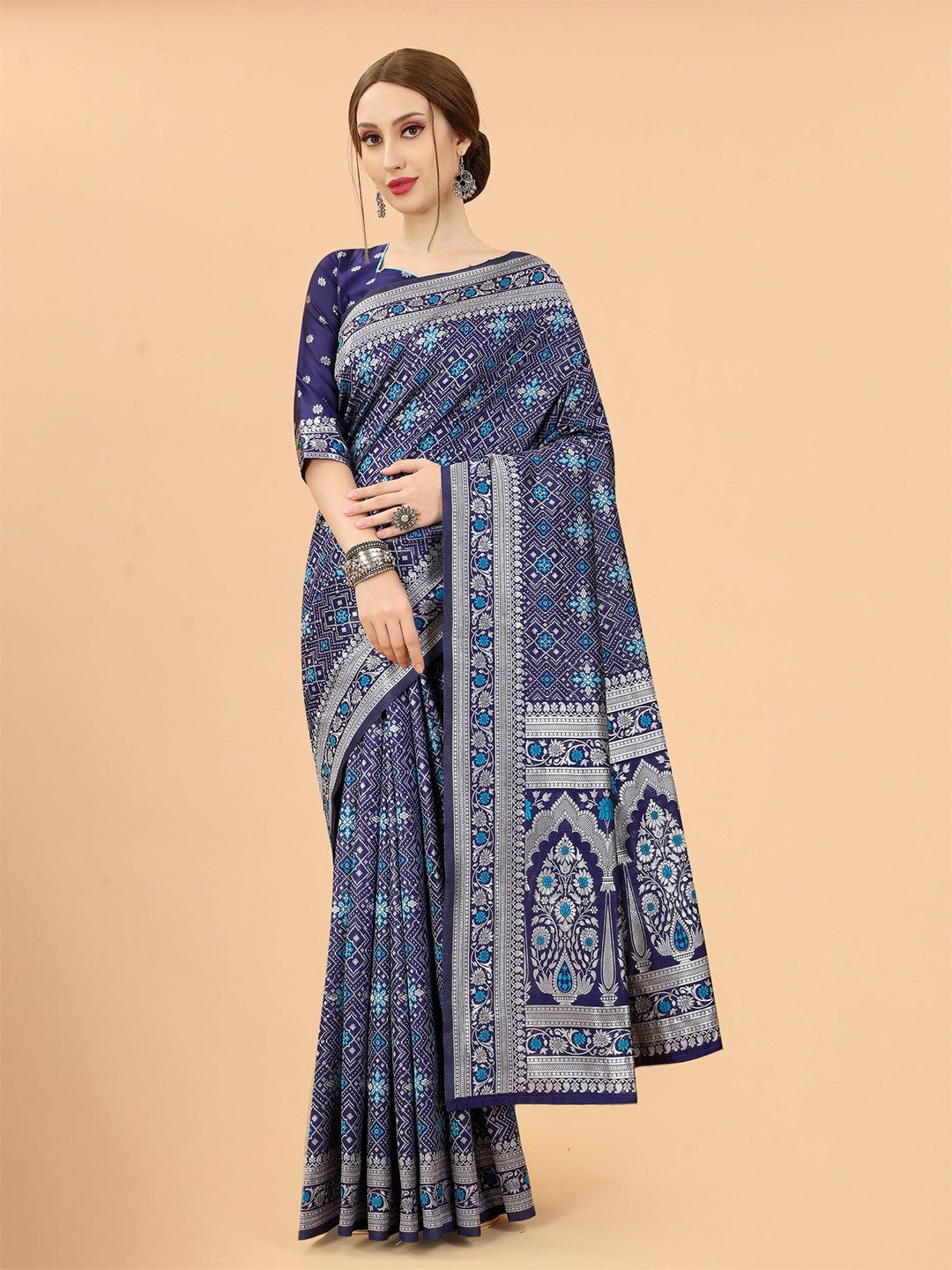

SATYAM WEAVES Navy Blue & Blue Ethnic Motifs Zari Silk Cotton Ready to Wear Banarasi Saree