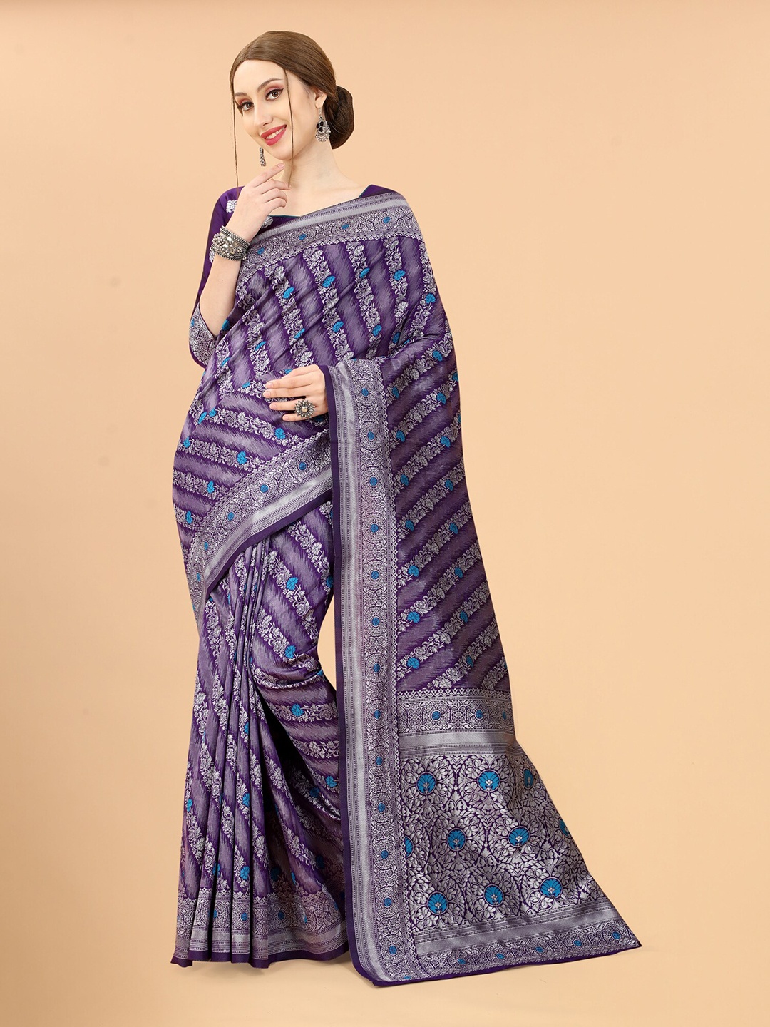 

SATYAM WEAVES Purple & Blue Woven Design Zari Silk Cotton Banarasi Saree