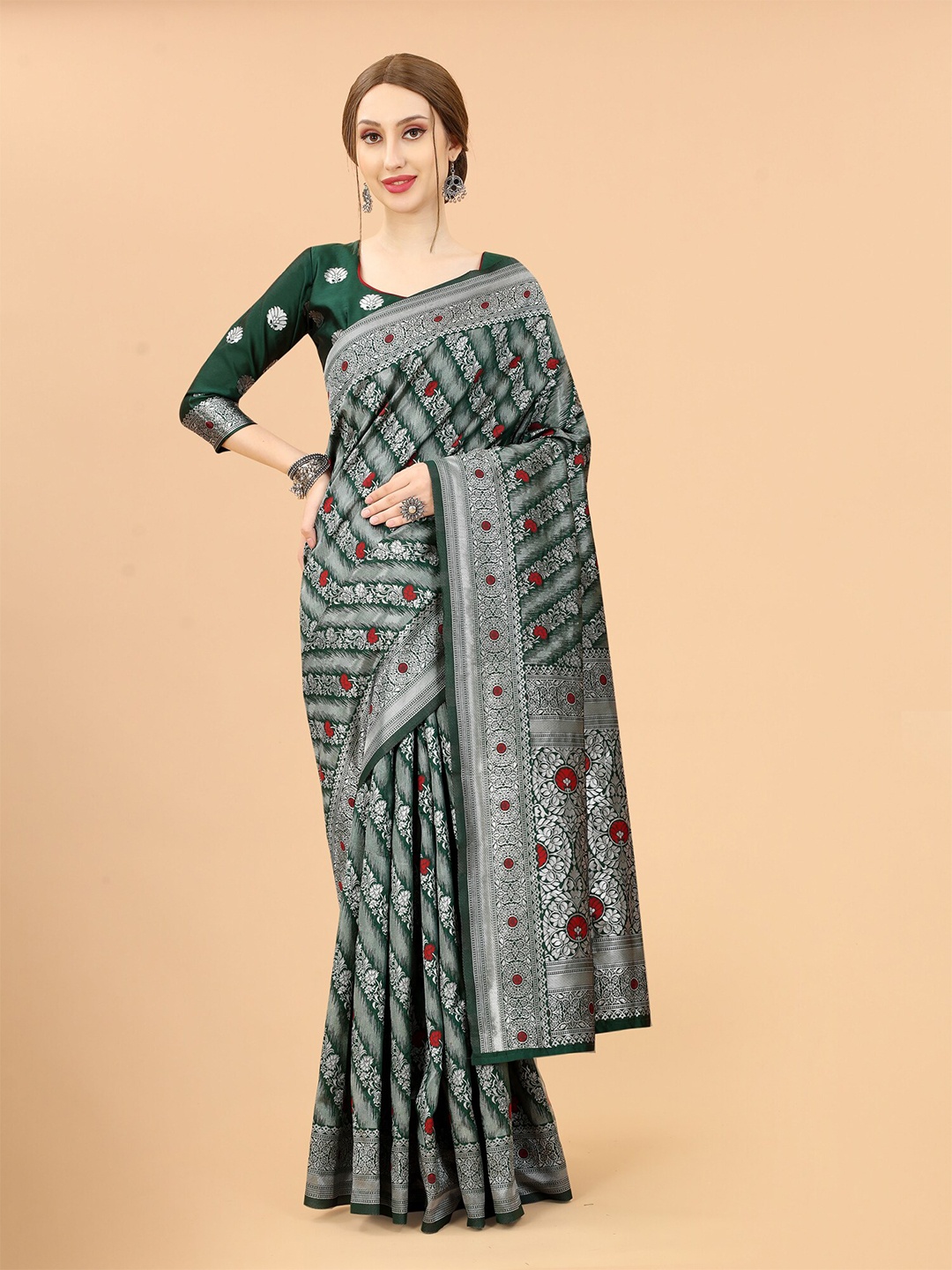 

SATYAM WEAVES Woven Design Zari Silk Cotton Banarasi Saree, Green
