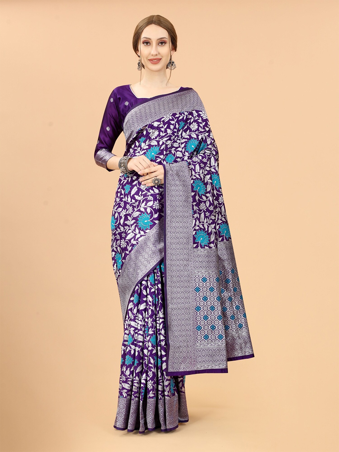 

SATYAM WEAVES Purple & Silver-Toned Woven Design Zari Silk Cotton Banarasi Saree