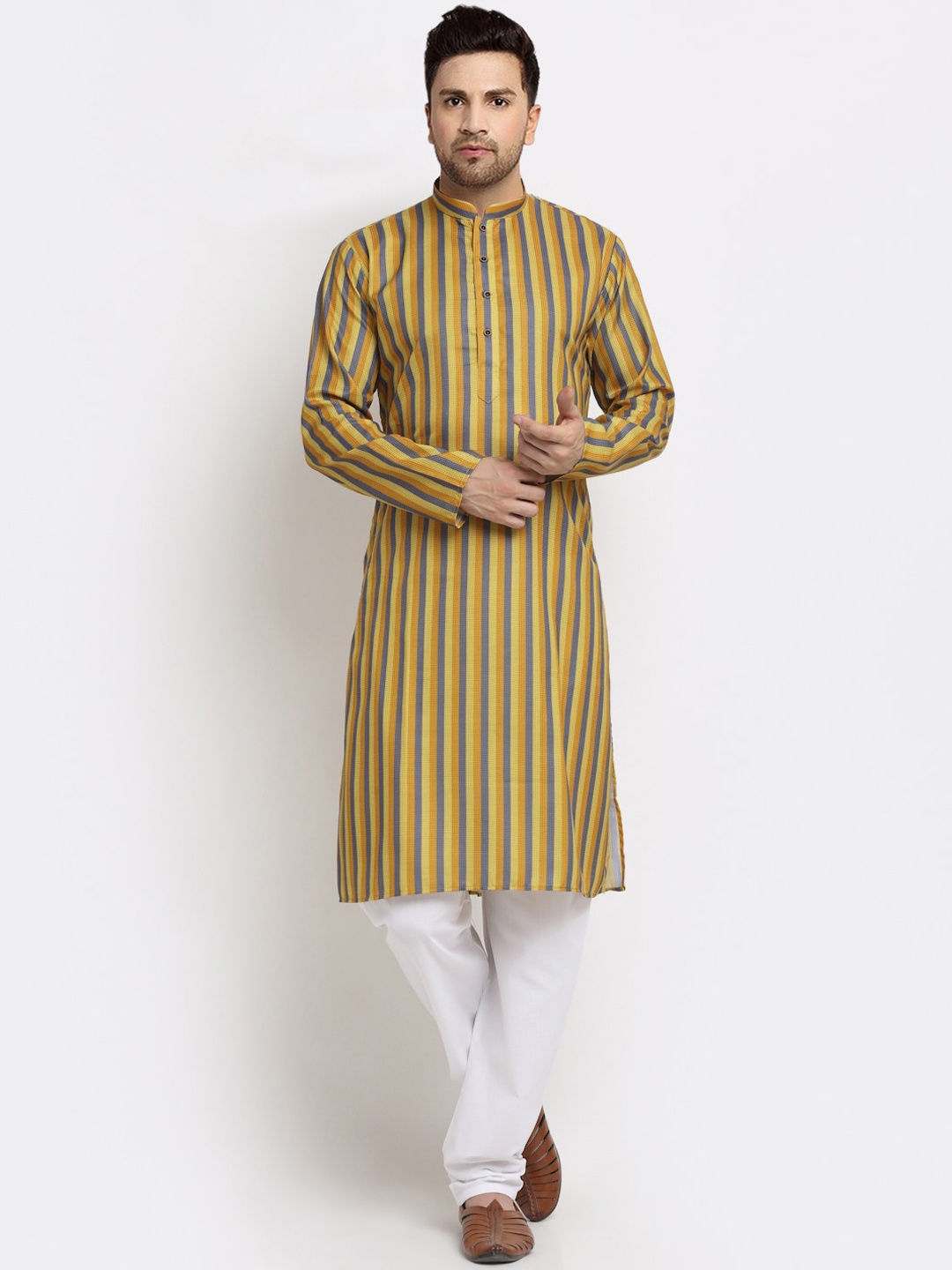 

KRAFT INDIA Men Mustard Yellow & Grey Thread Work Kurta