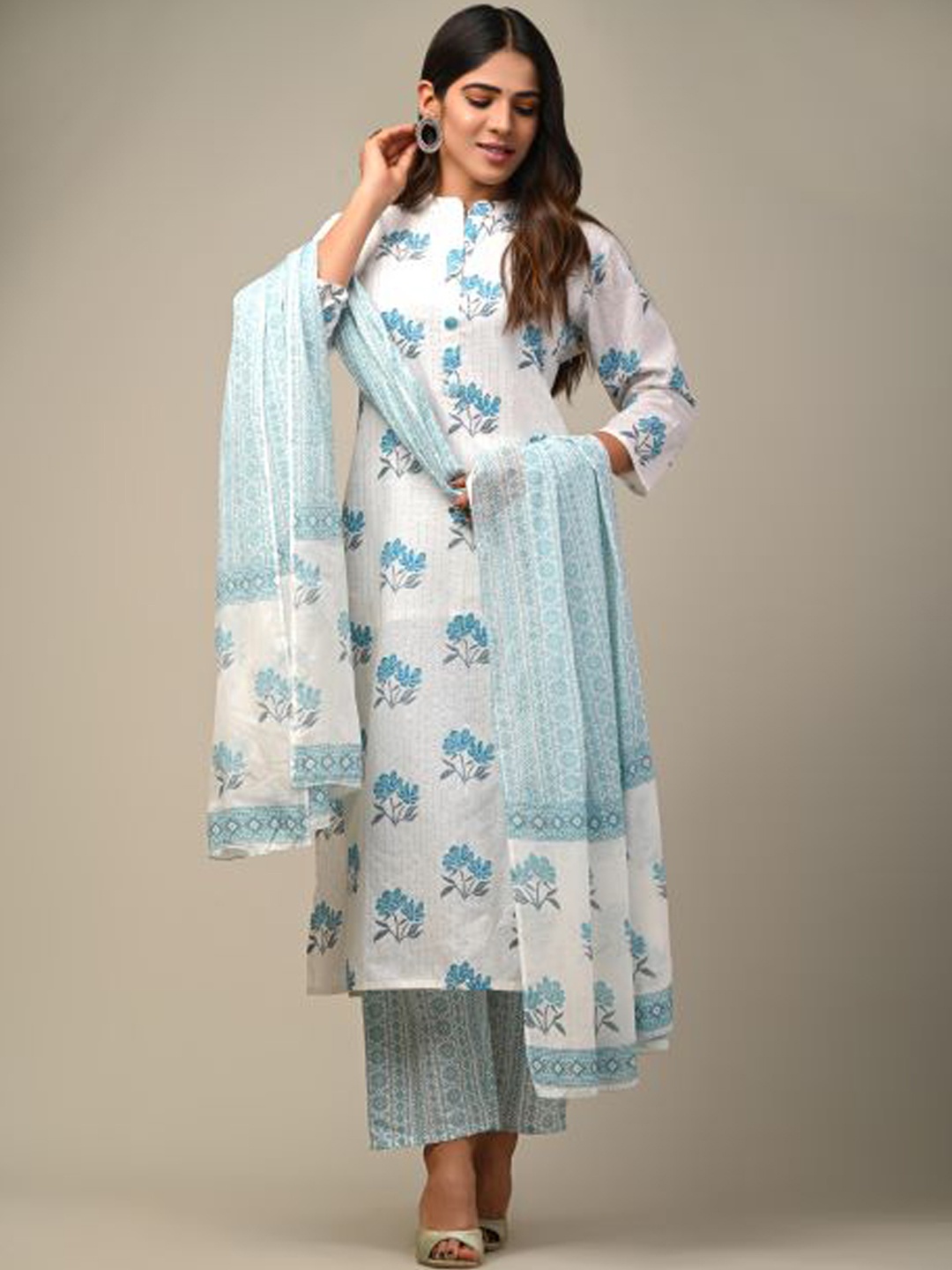 

DHRTI Women Blue Ethnic Motifs Printed Pure Cotton Kurta with Palazzos & With Dupatta