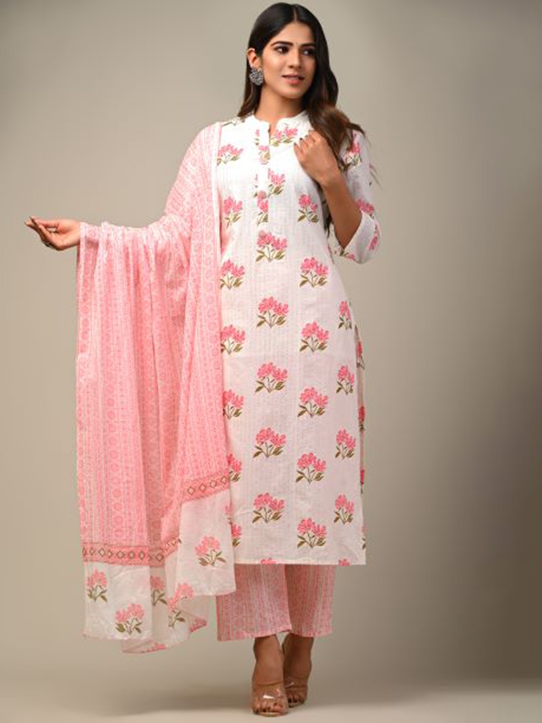 

DHRTI Women Pink Floral Printed Pure Cotton Kurta with Trouser & With Dupatta