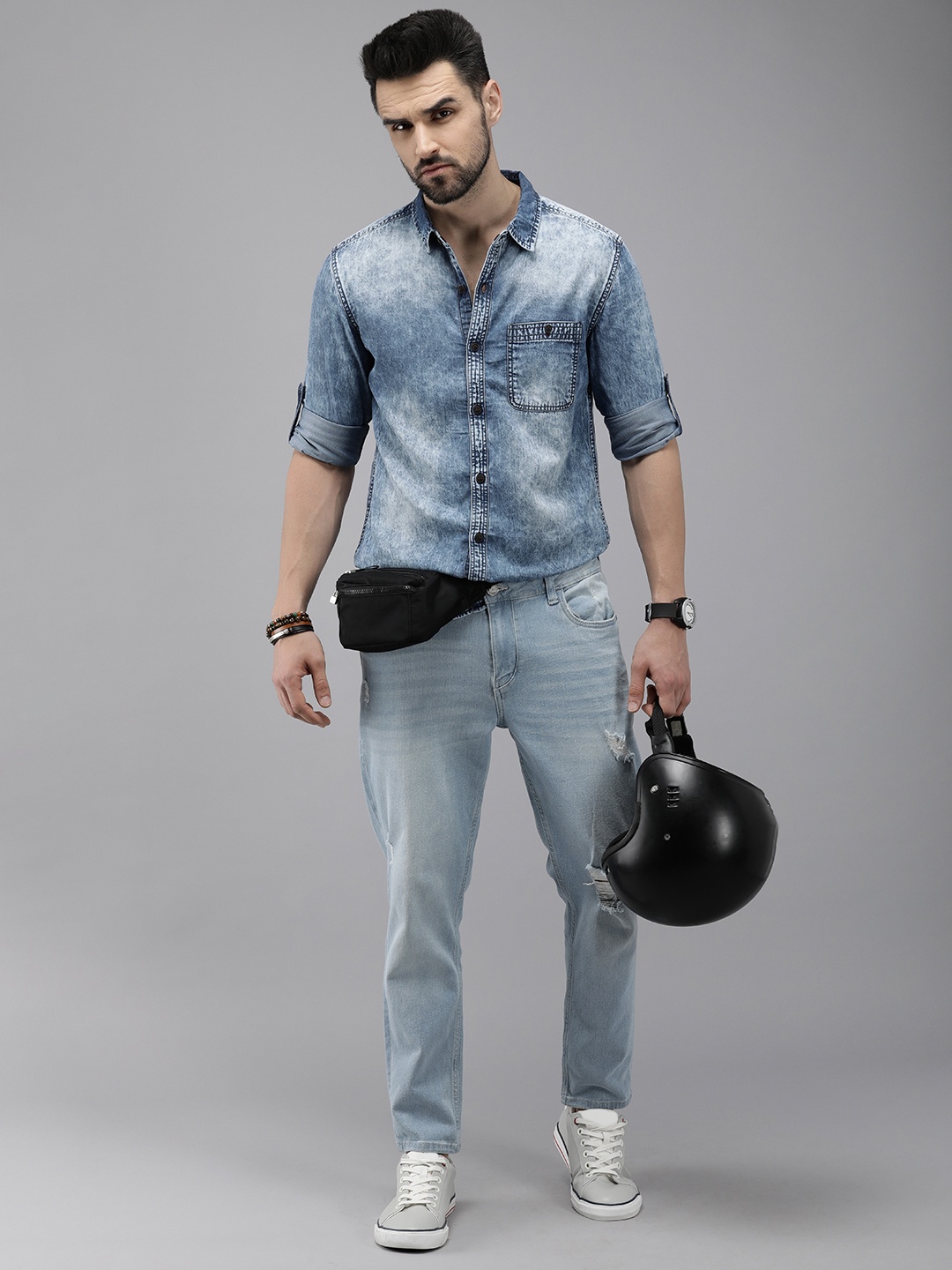 

Roadster Men Blue Standard Faded Cotton Denim Casual Shirt