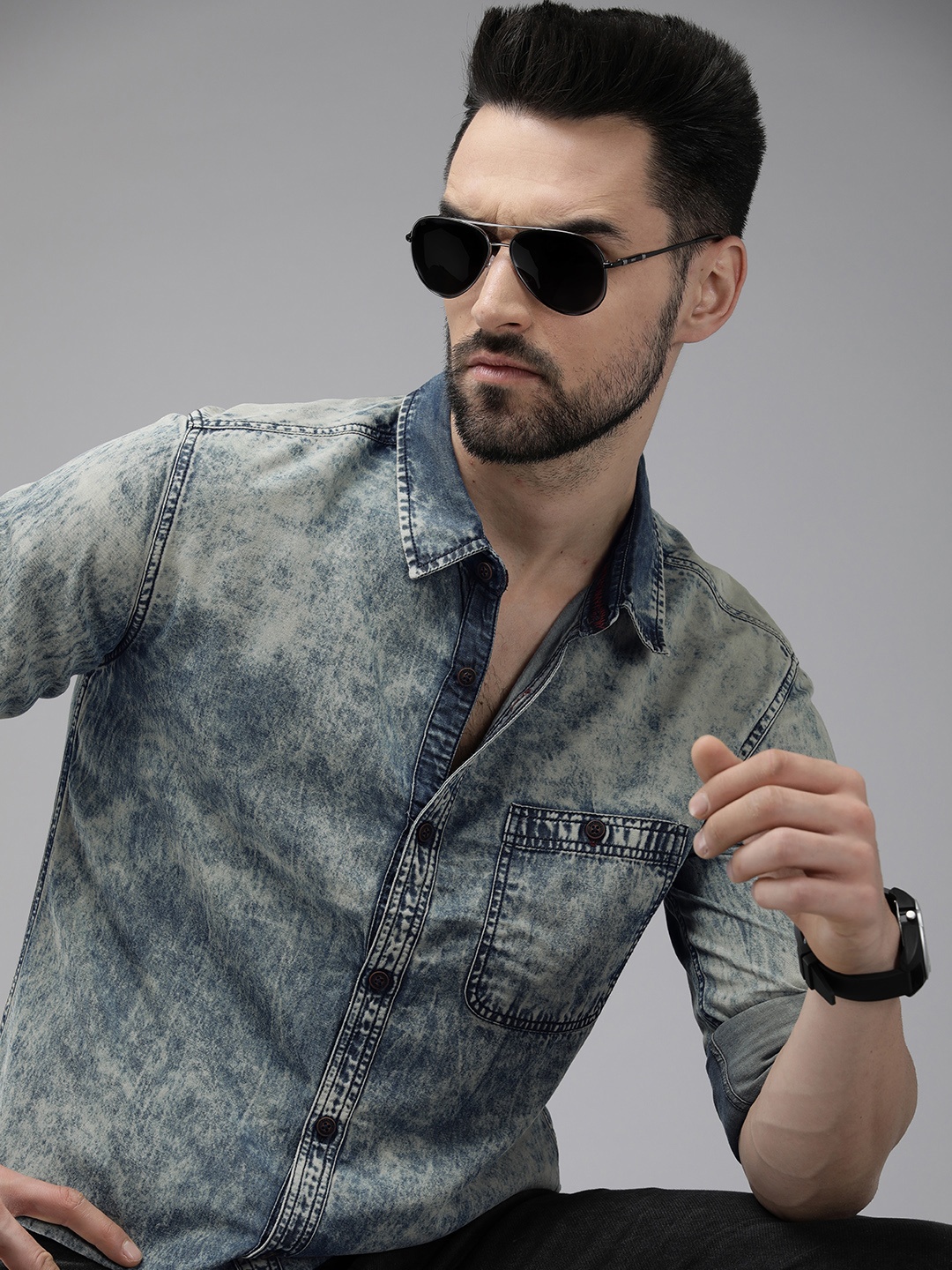 

Roadster Men Blue Standard Faded Cotton Denim Casual Shirt