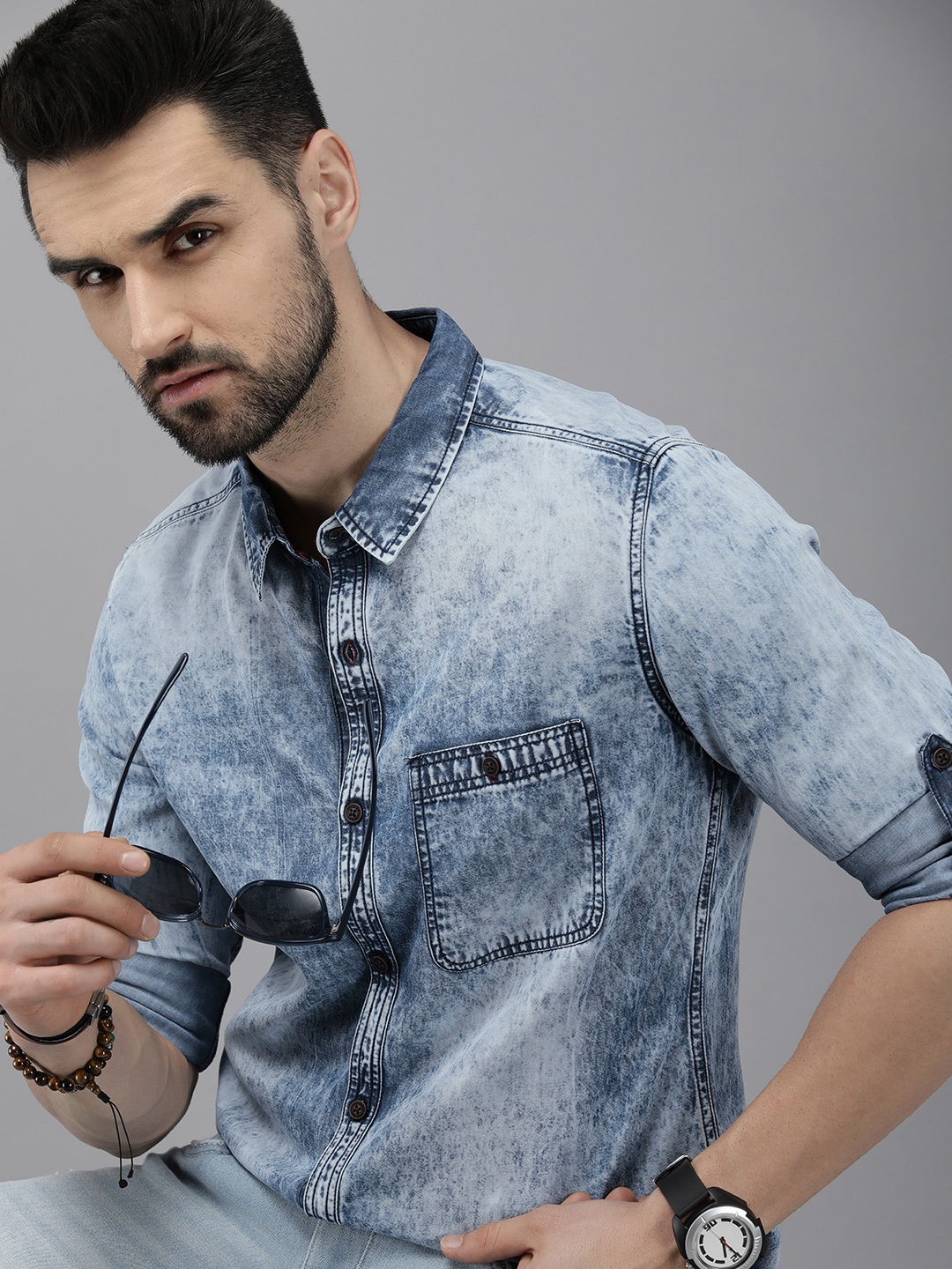 

Roadster Men Blue Standard Faded Cotton Denim Casual Shirt