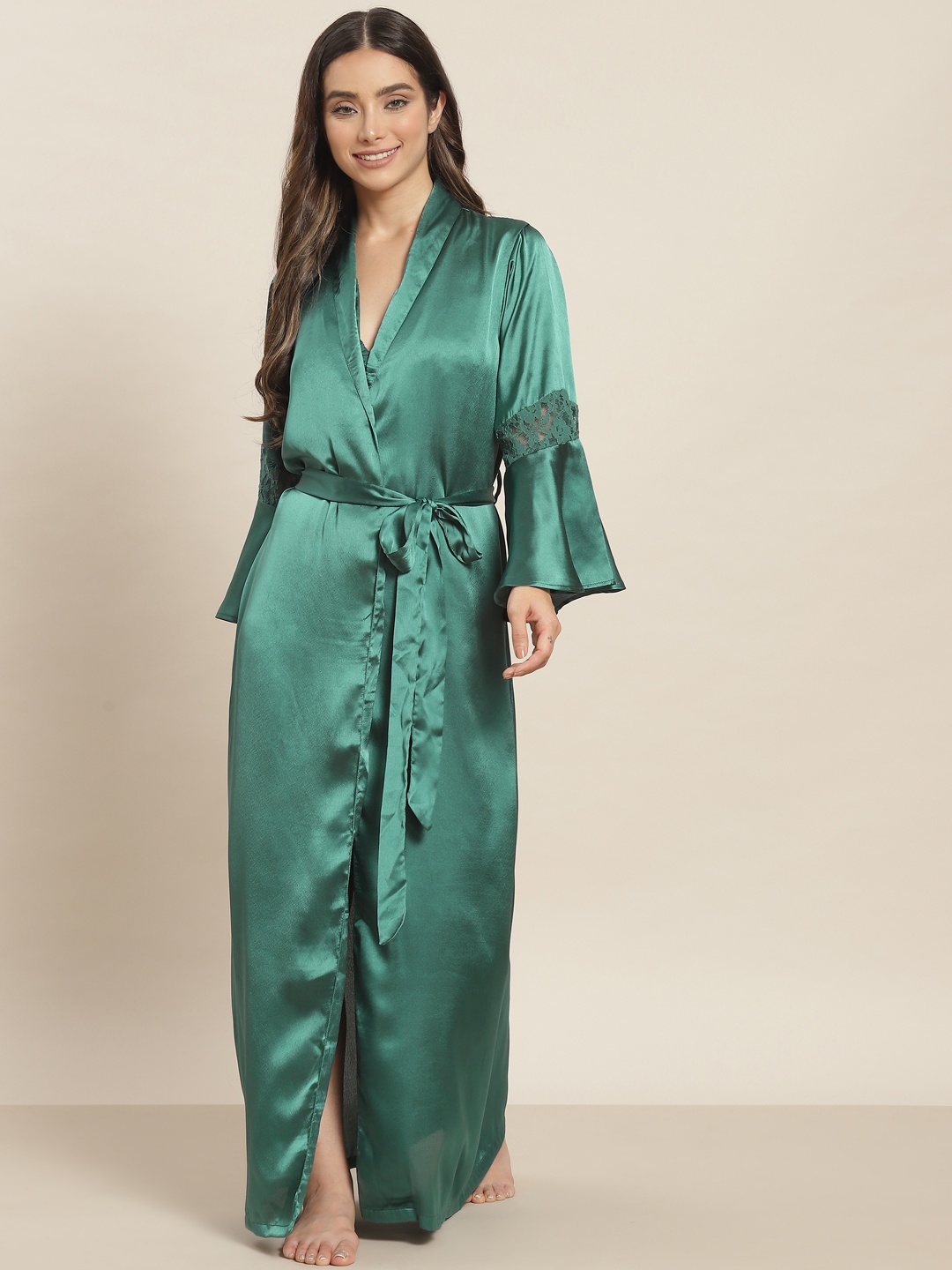 

ADORENITE Green Solid Nightdress with Robe