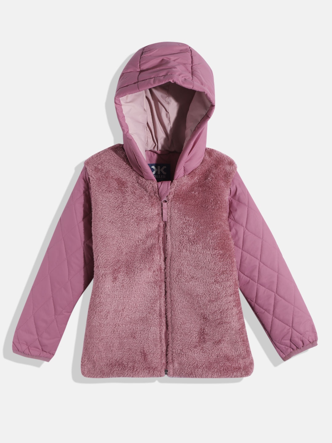 

Killer Girls Pink Solid Padded Hooded Jacket with Faux Fur Detail