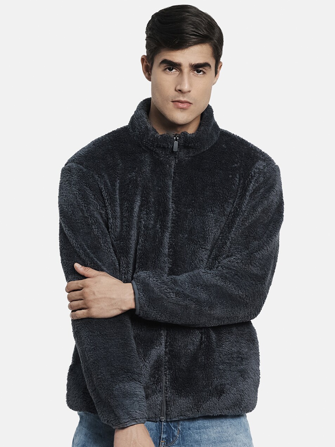 

Octave Men Grey Fleece Open Front Jacket