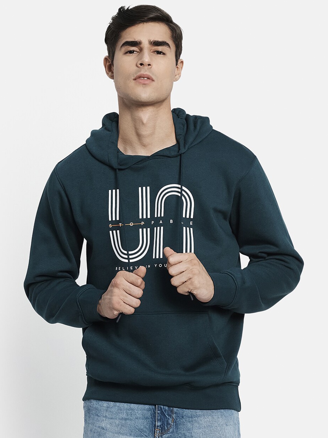 

Octave Men Green Printed Hooded Sweatshirt