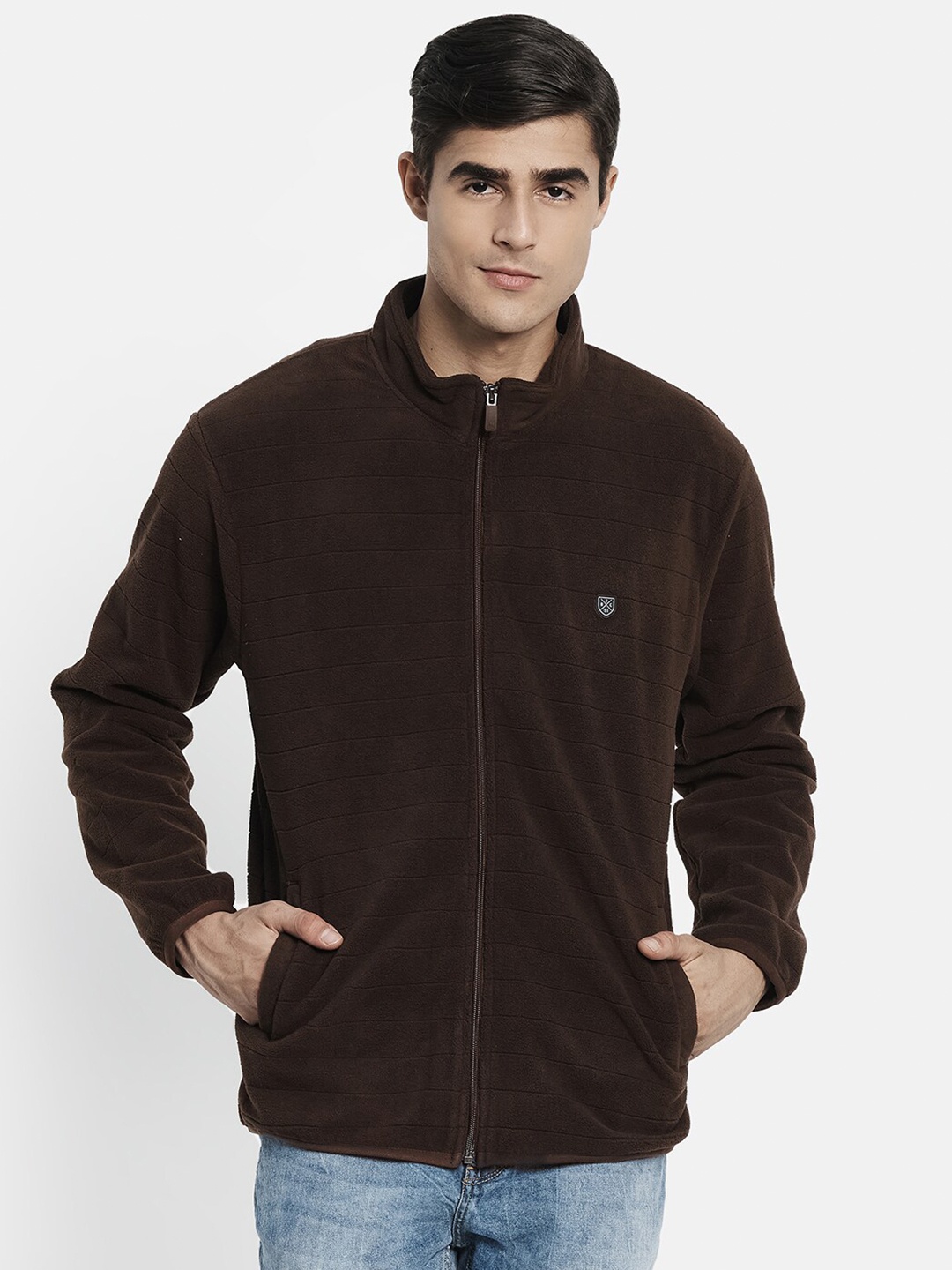 

Octave Men Brown Front-Open Mock Neck Sweatshirt