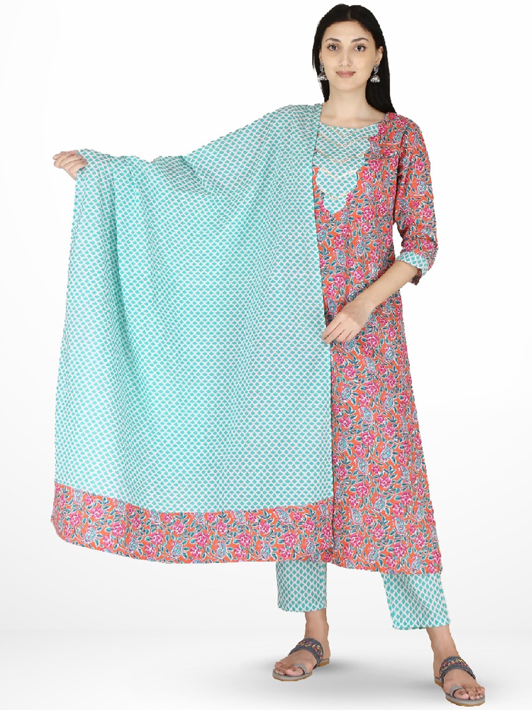 

ERISHA Women Pink Floral Printed Pure Cotton Kurta with Trousers & With Dupatta