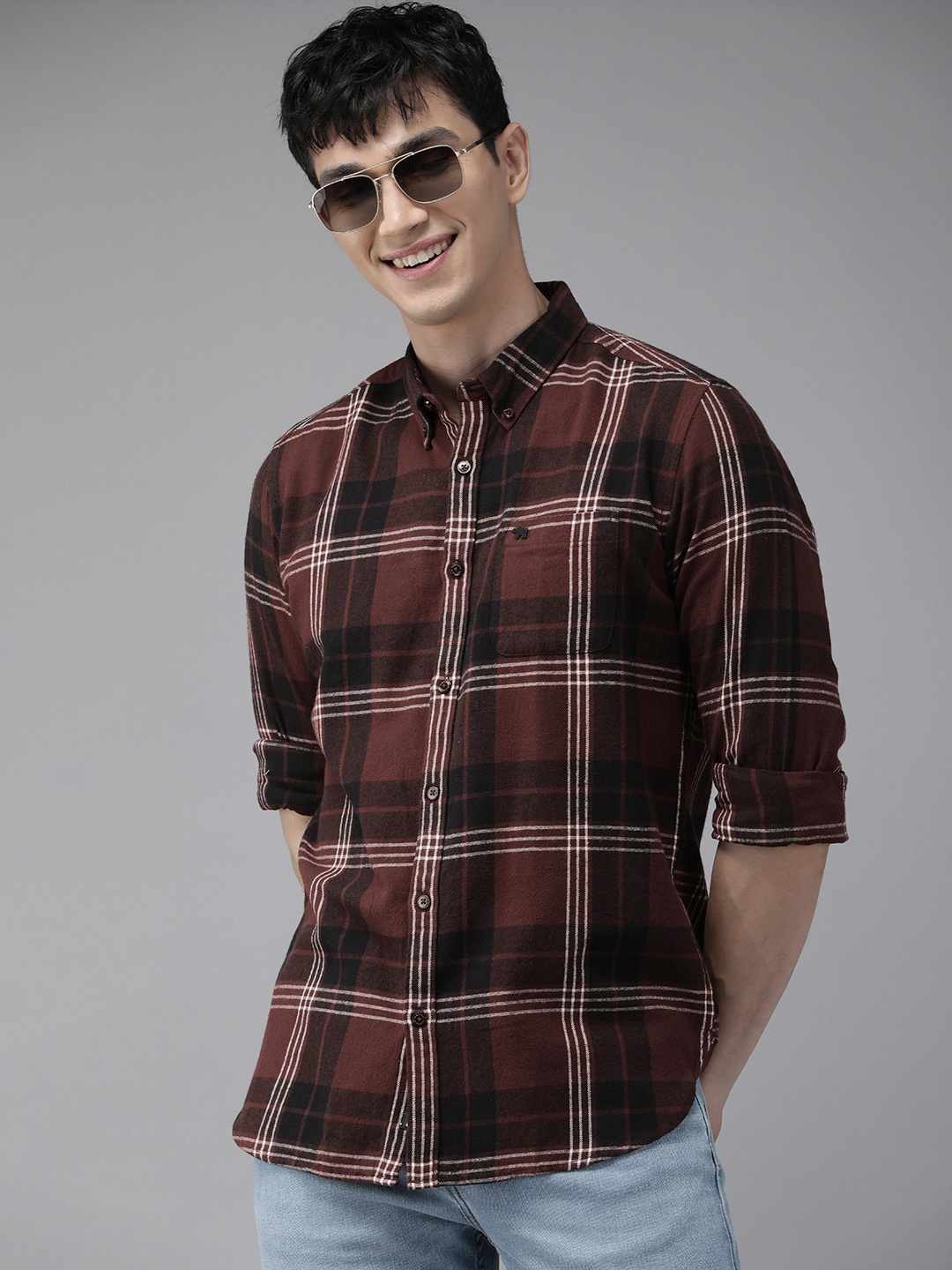 

THE BEAR HOUSE Men Brown & Black Slim Fit Tartan Checked Cotton Casual Shirt