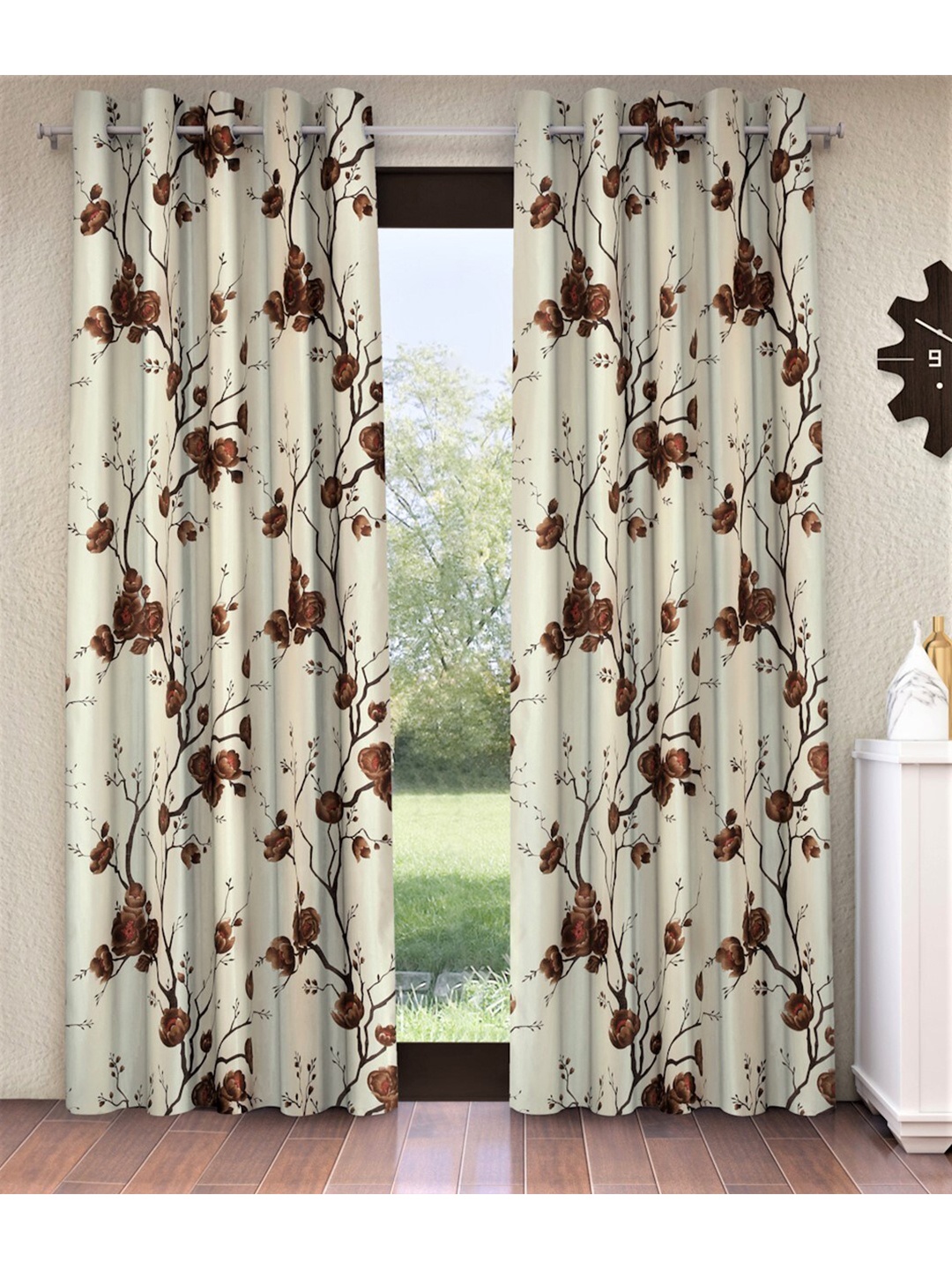 

Fashion String Cream & Brown Set of 2 Floral Printed Door Curtain