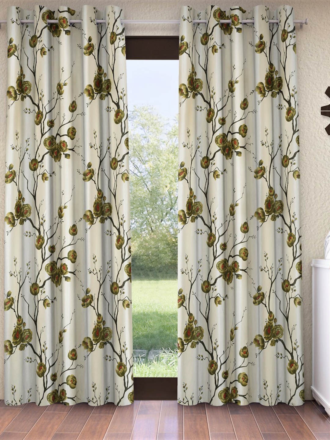 

Fashion String Green & Off White Set Of 2 Floral Long Door Curtain
