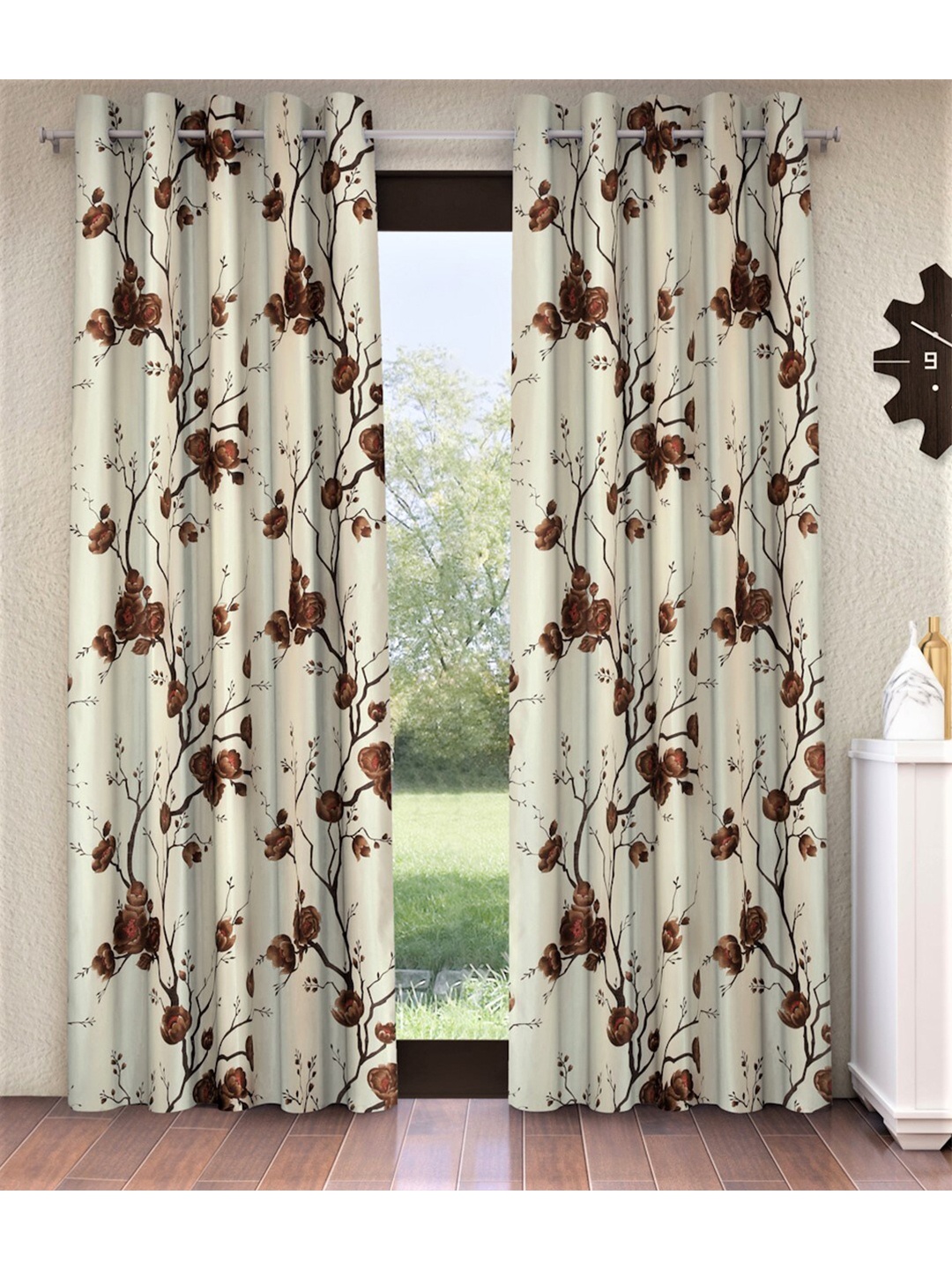 

Fashion String Brown & Off White Set Of 2 Floral Window Curtain